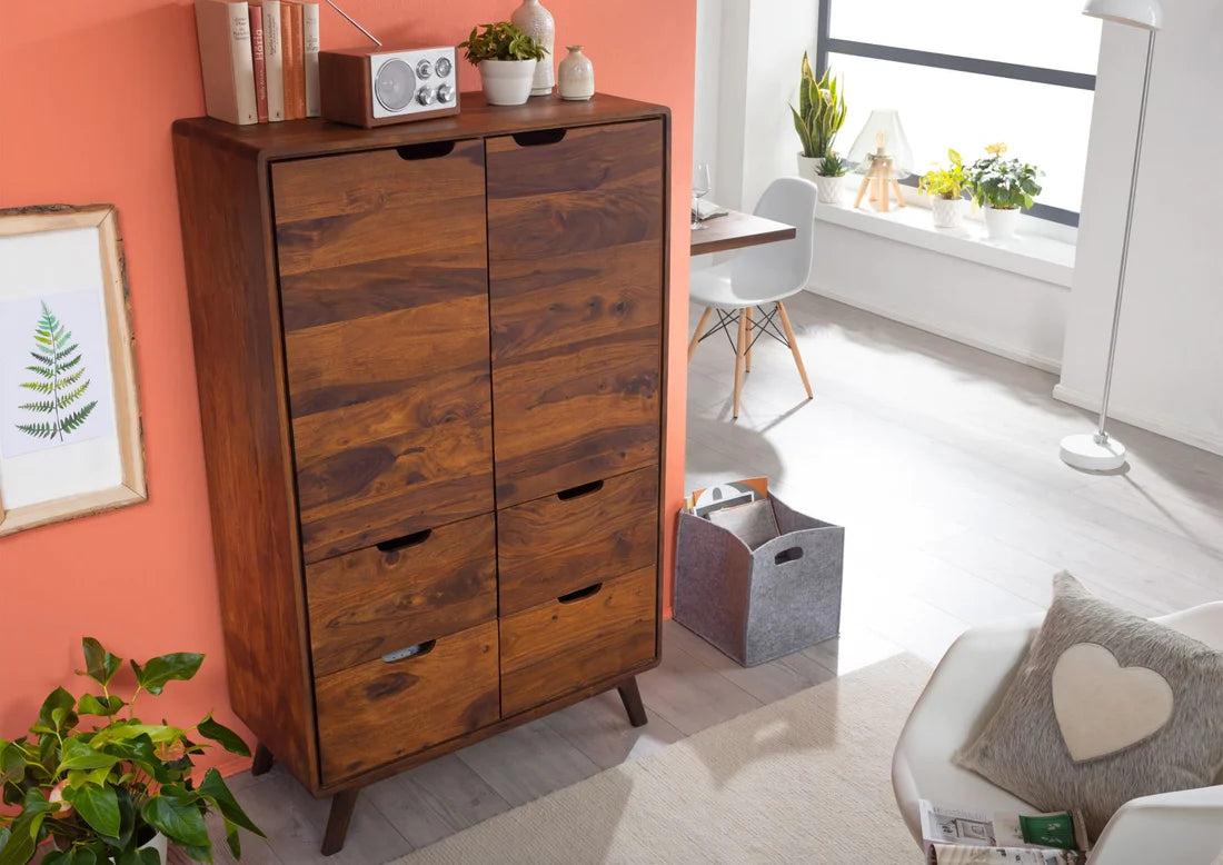 Gfine Solid Sheesham Wood Sideboard - 2 Doors & 4 Drawers, 89x45x145cm - Perfect for Living Room Storage & Dining Room Organization