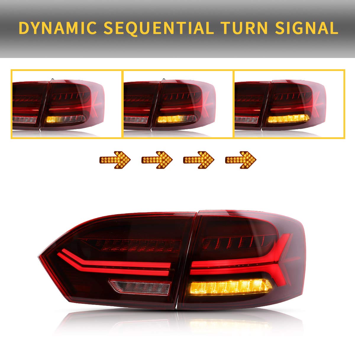 VLAND LED Tail Lights for 2011-2014 Volkswagen Jetta Sagitar Sedan (Excludes LED Models & 2013 GLI) - Sequential Turn Signals, Red Lens, Driver & Passenger Side - Upgrade Your Car's Style & Safety for Night Driving