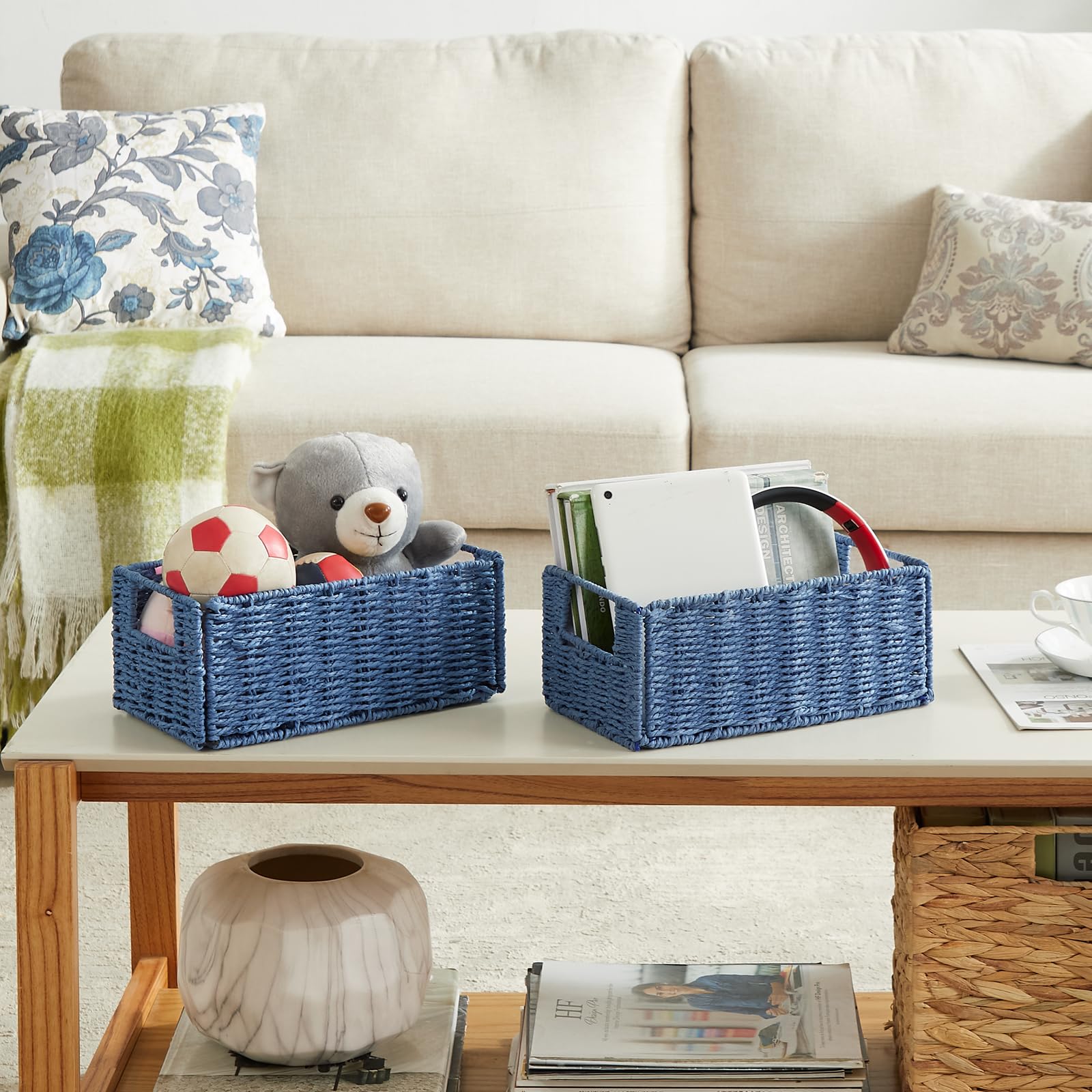 Vagusicc Wicker Storage Basket Set of 2 - Handwoven Paper Rope Baskets for Organizing Toilet Paper, Foldable Cube Storage Bins for Shelves - Perfect for Bathroom, Bedroom & Home Organization (Blue)
