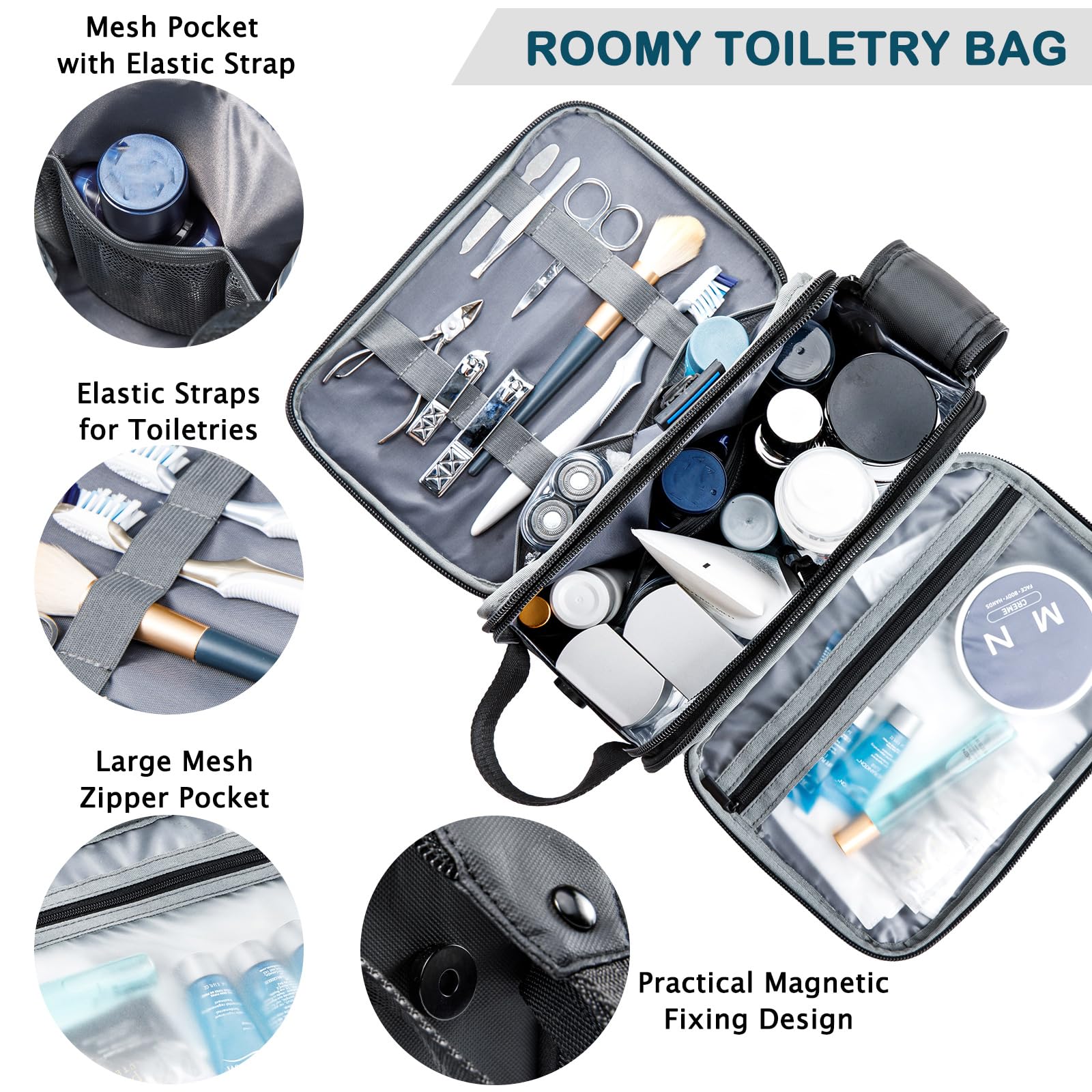 BAGSPRITE Large Water-resistant Hanging Toiletry Bag for Men & Women - Travel Makeup Cosmetic Organizer with Hook, Shaving Kit & Bathroom Essentials - Perfect for Air Travel, Gym, Camping & Vacation