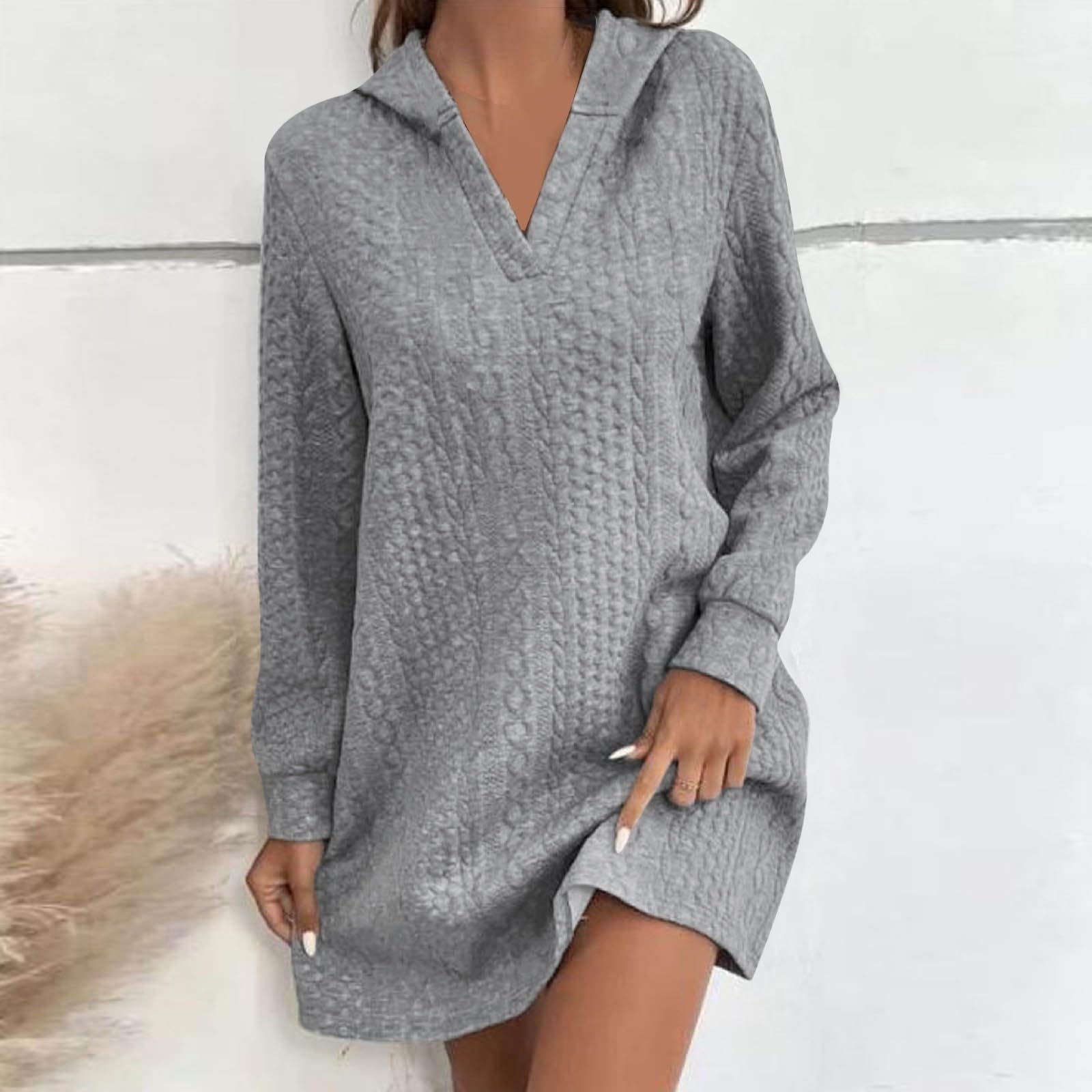 Women's Long Sleeve Mini Dress - 2025 Summer Knit Hoodie with V-Neck Jacquard & Pockets | Sexy Casual Top for Date Night, Beach Outings & Streetwear Fashion