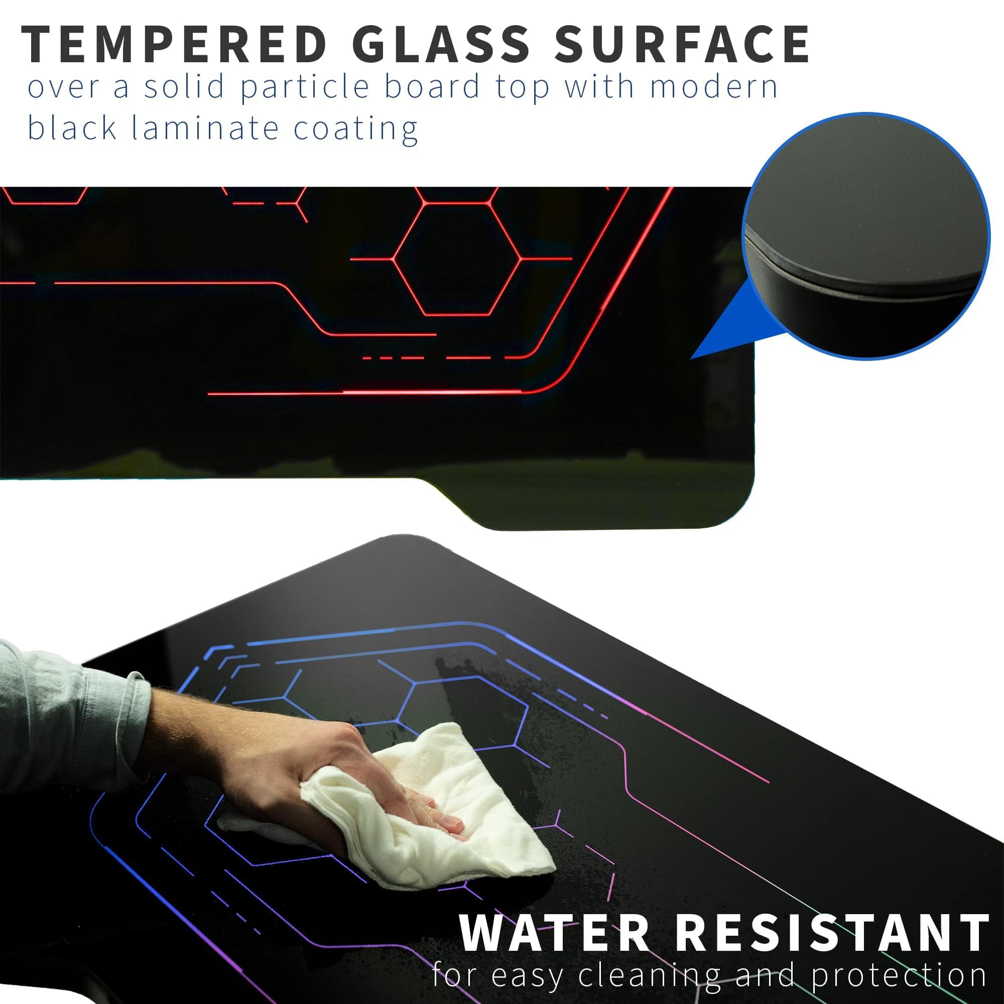 VIVO 48 x 24 Inch Tempered Glass Gaming Desk with RGB Geo-Honeycomb LED Lights - Adjustable Height Computer Desk for Gamers & Workstations, Black (DESK-TOP48BG) | Perfect for Home Office, Streaming Setup & Esports Gaming