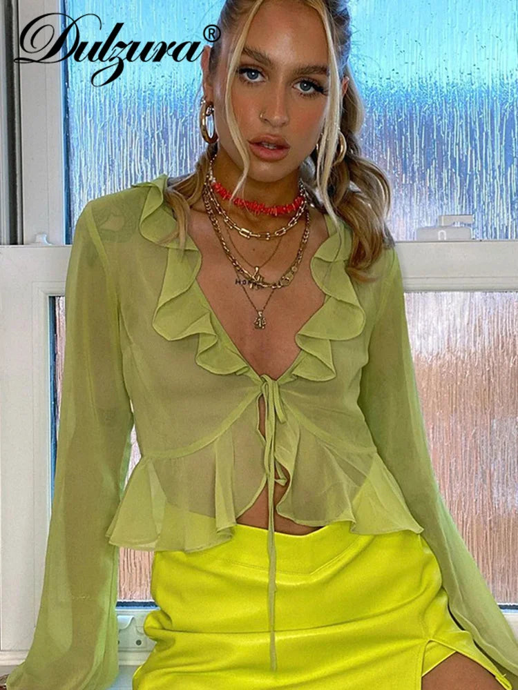 Women's Long Sleeve V-Neck Lace-Up Chiffon Blouse with Ruffle Detail - Loose Fit Casual Streetwear for Autumn Winter | Perfect for Beach Outings, Date Nights & Office Wear