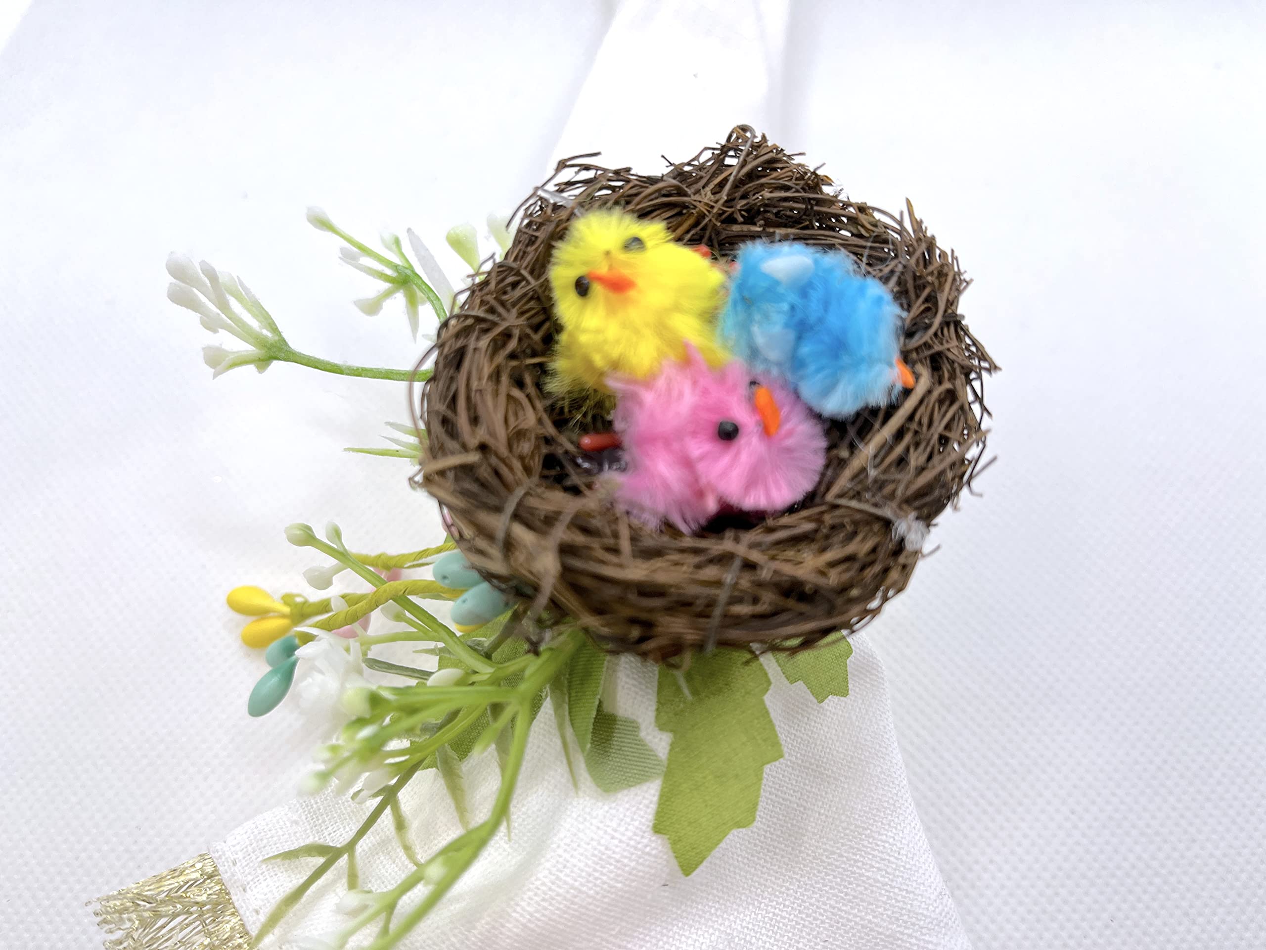 Easter Spring Bird Nest Napkin Rings Set of 6 - Yellow, Blue & Pink Chicks with Yellow Flowers - Adorable Table Decor for Easter Brunch, Spring Parties & Home Decorations