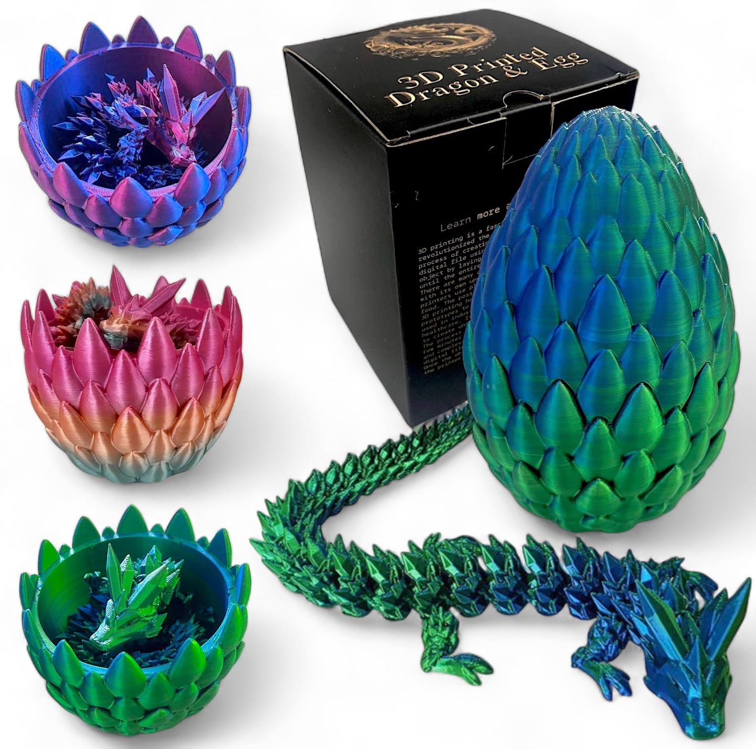 3D Printed Dragon Egg Fidget Toy with Gift Box - Stress Relief Sensory Toy for Autism & ADHD, Articulated Dragon Desk Toy for Easter Basket, Kids & Adults (Green) - Perfect for Home, Office & Classroom Use