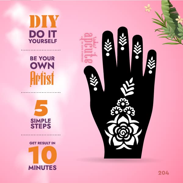 Apcute Temporary Tattoo Stickers for Women & Girls - Henna Inspired Mehndi Design Stencils (Set of 204) - Easy to Apply & Remove - Perfect for Parties, Weddings, Festivals & Kids' Playtime