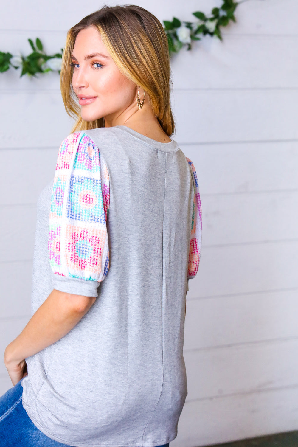 Stylish Grey Floral Crochet Print Puff Sleeve Top for Women | Boho Chic Blouse | Perfect for Summer Outfits, Beach Vacations & Date Nights