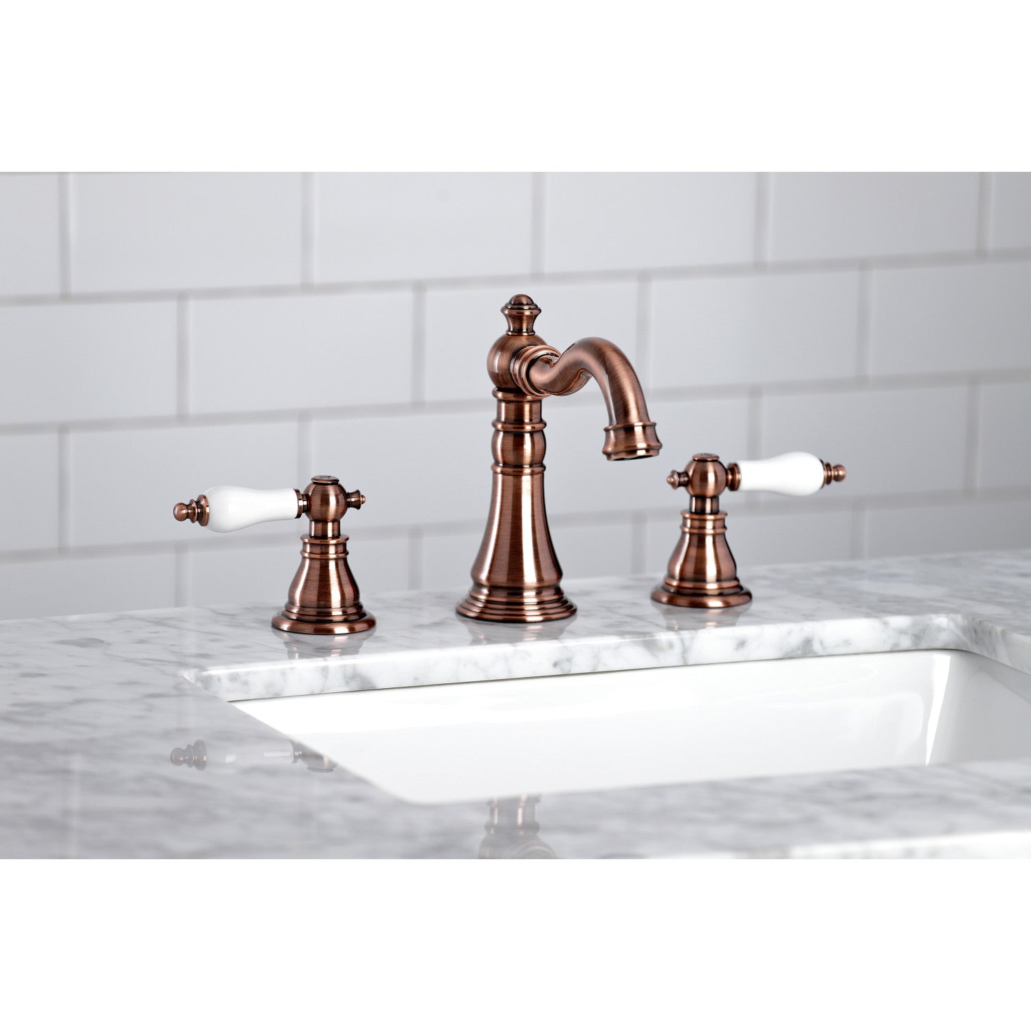 American Patriot FSC197APLAC Two Handle 3 Hole Widespread Bathroom Faucet with Brass Pop Up Drain - Antique Copper Finish for Vintage Style Bathrooms, Perfect for Bathroom Renovation and Home Upgrade