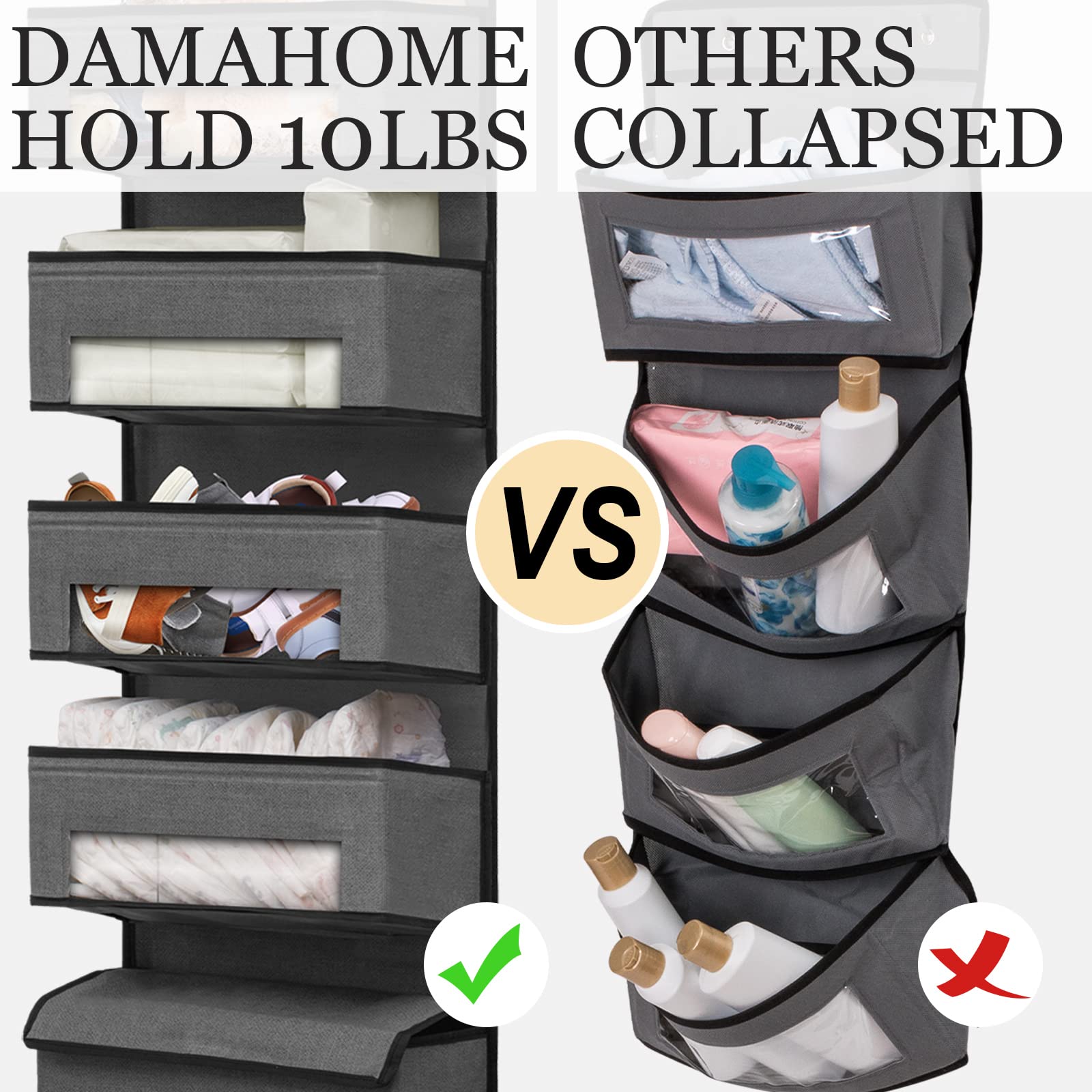 Over Door Hanging Organizer with 5 Large Pockets & Clear Window - Closet Door Storage for Baby Nursery, Bedroom, Pantry & Bathroom - Space Saving Grey Organizer with 4 Metal Hooks - Perfect for Storing Toys, Clothes & Essentials