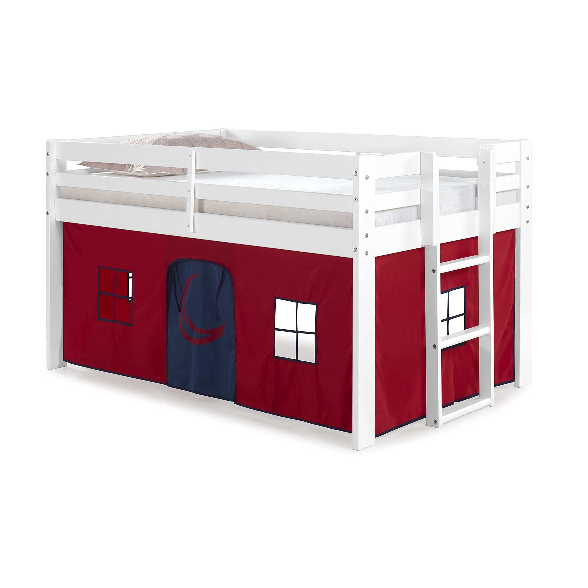 Alaterre Jasper Twin Junior Loft Bed with Playhouse Tent - White Frame & Red/Blue Bottom - Kids Space-Saving Bunk Bed for Small Rooms & Play Areas