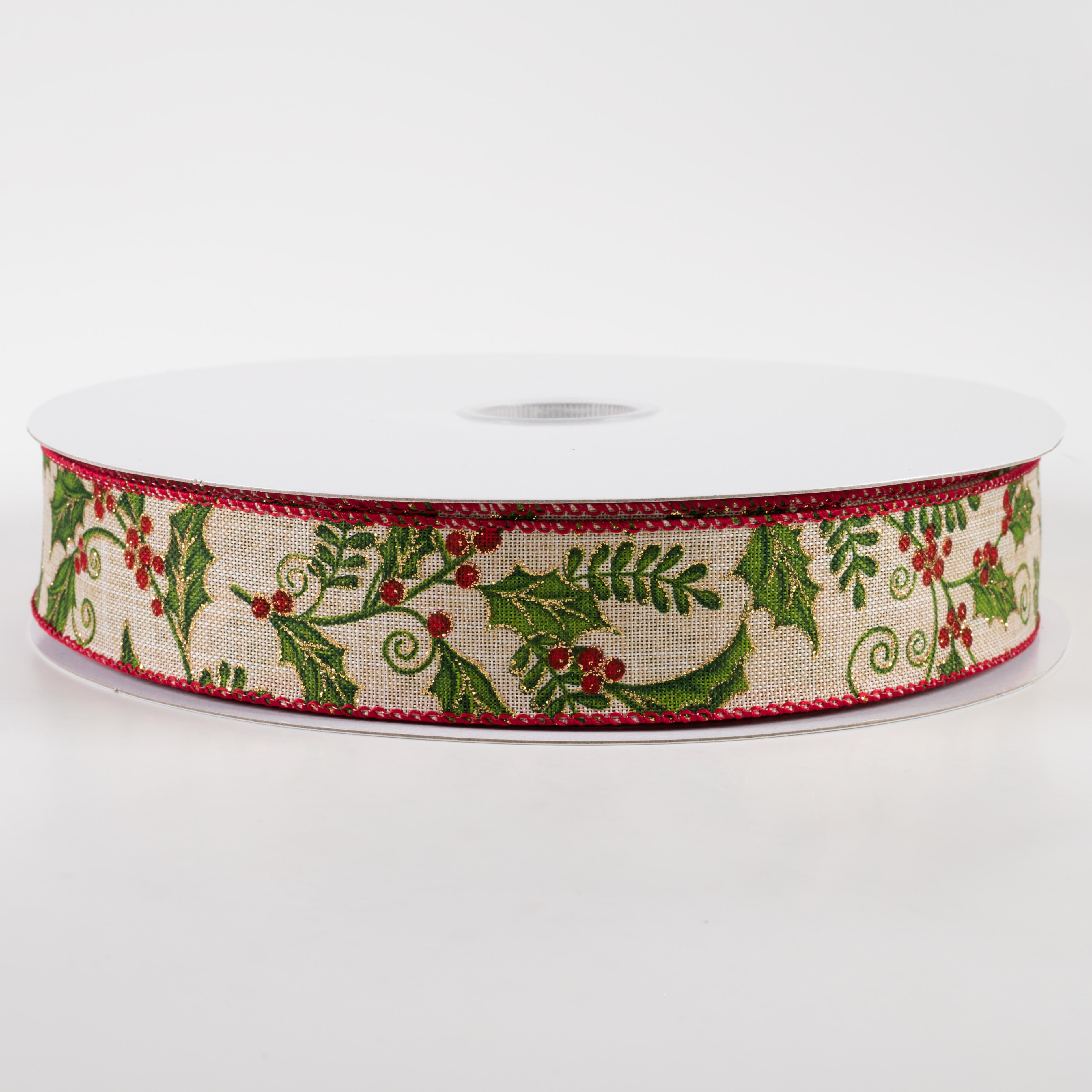 1.5 Inch Linen Glittered Holly Berries Ribbon - Natural Christmas Decoration (50 Yards) for Gift Wrapping, Tree Trimming, and Holiday Crafts