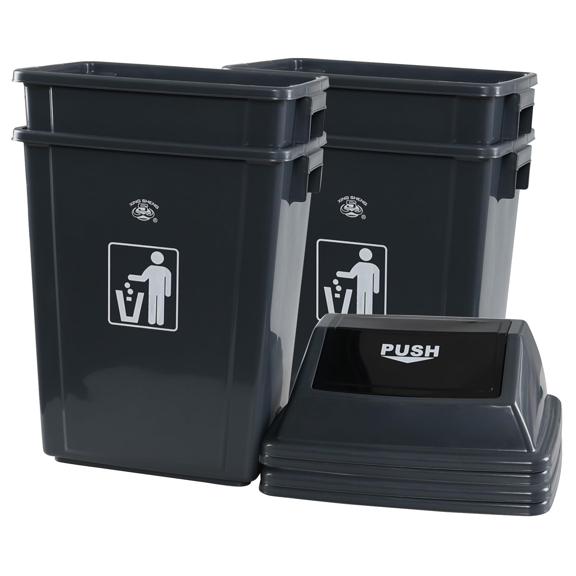 18 Gallon Plastic Trash Can with Swing Lid - 4-Pack Large Kitchen Garbage Bin with Swing-Top Lid, Grey - Perfect for Home, Office, Restaurant & Commercial Use