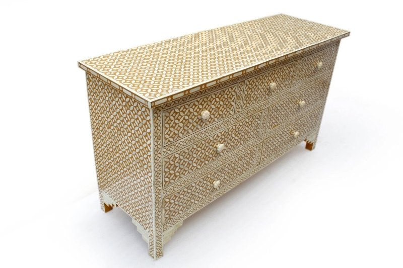 Handmade Bone Inlay 7-Drawer Chest in Chocolate Brown - Vintage Boho Bedroom & Living Room Storage Furniture