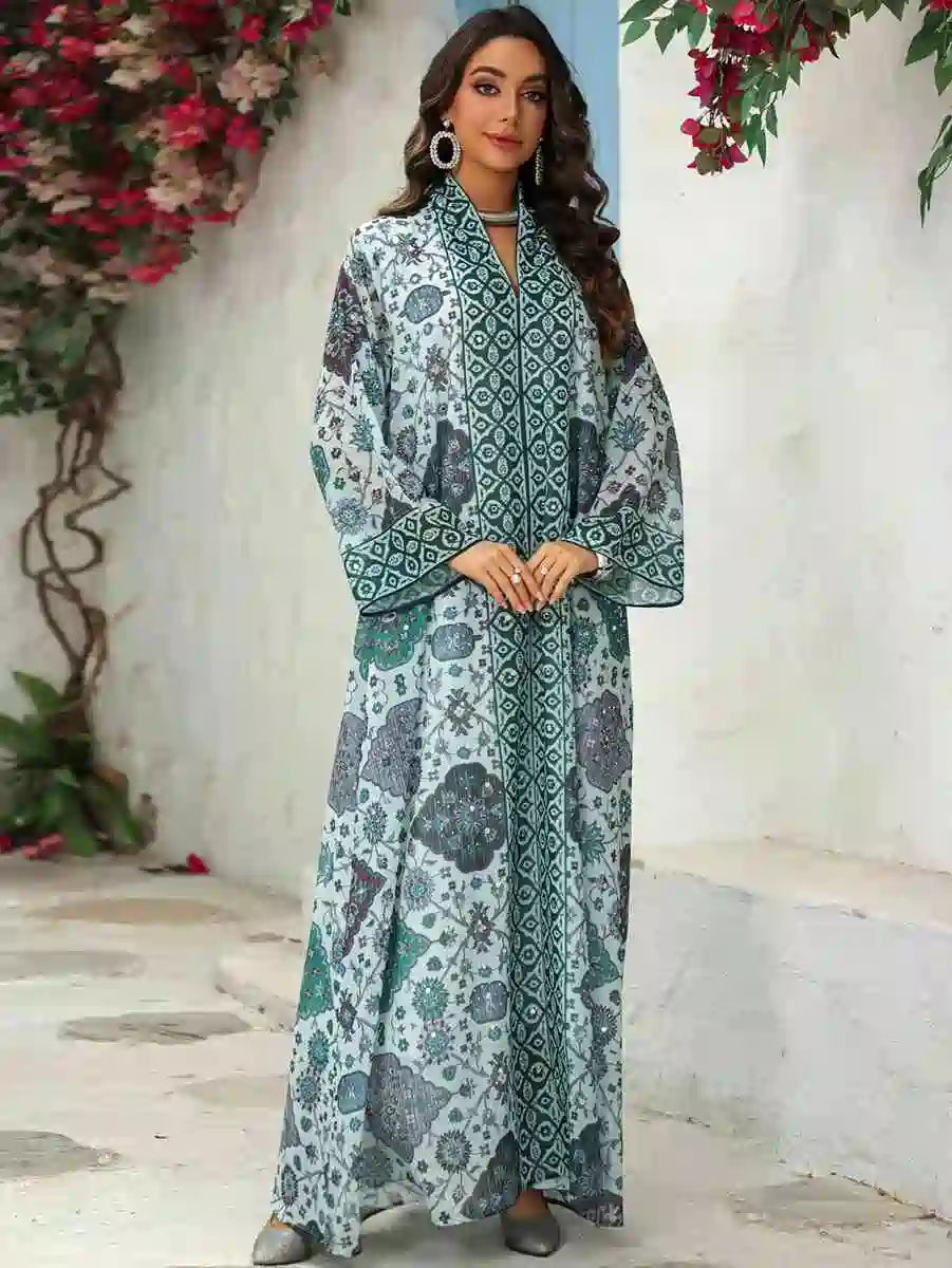 Elegant Chiffon Printed Eid Dress Caftan Kaftan for Women - Flowy Long Sleeve Maxi Dress with V-Neck - Perfect for Eid Celebrations, Weddings & Special Occasions