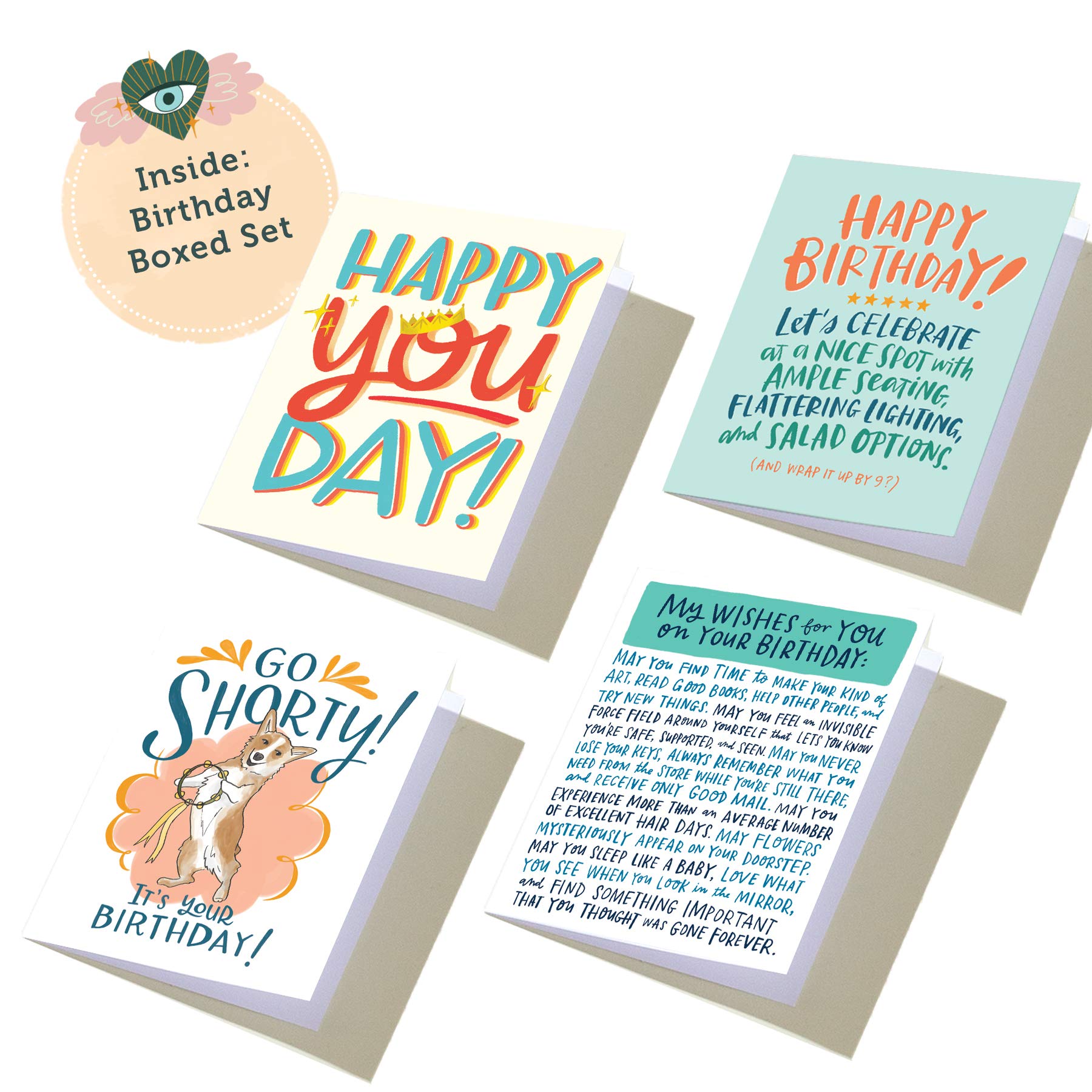 Em & Friends Happy Birthday Greeting Cards Set - 8 Blank Inside Illustrated Cards (4 Assorted Designs, 2 Each) for Birthday Wishes & Celebrations | Perfect for Parties, Gifts & Special Occasions