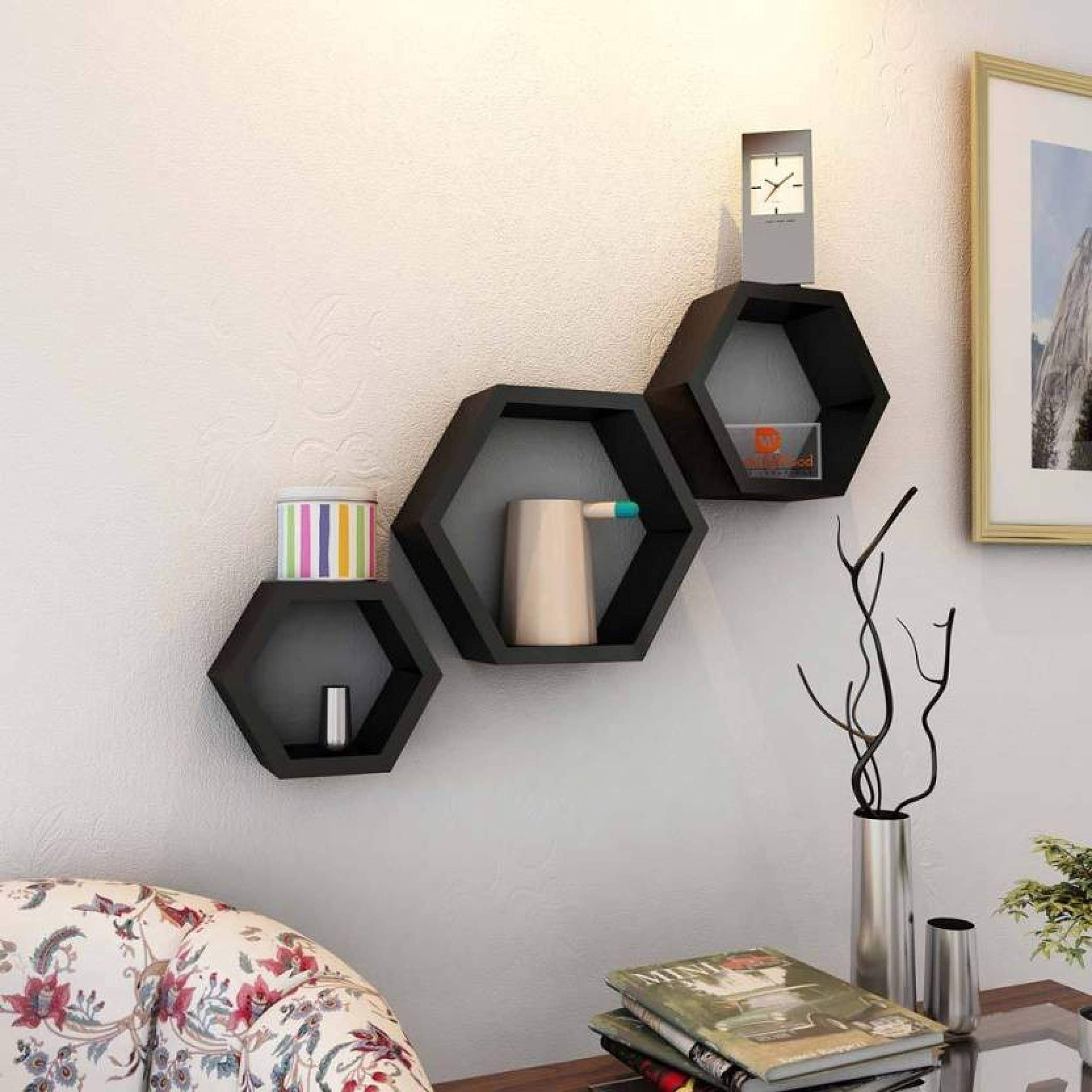 Hexagon Wall Shelf Set of 3 - Modern Black Polypropylene Floating Shelves for Home & Office Decor - Perfect for Living Room, Bedroom, Bathroom Storage & Display
