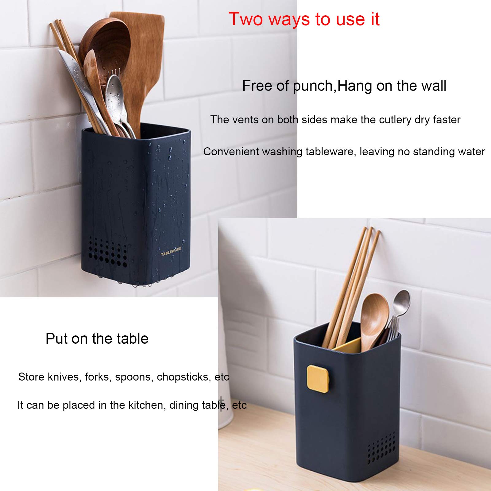 Stainless Steel Kitchen Utensil Holder - Countertop & Wall Mount Cutlery Organizer with Drain Holes - Perfect for Spoons, Forks, Chopsticks Storage - Ideal for Kitchen Counter, Dining Table, or Pantry Organization