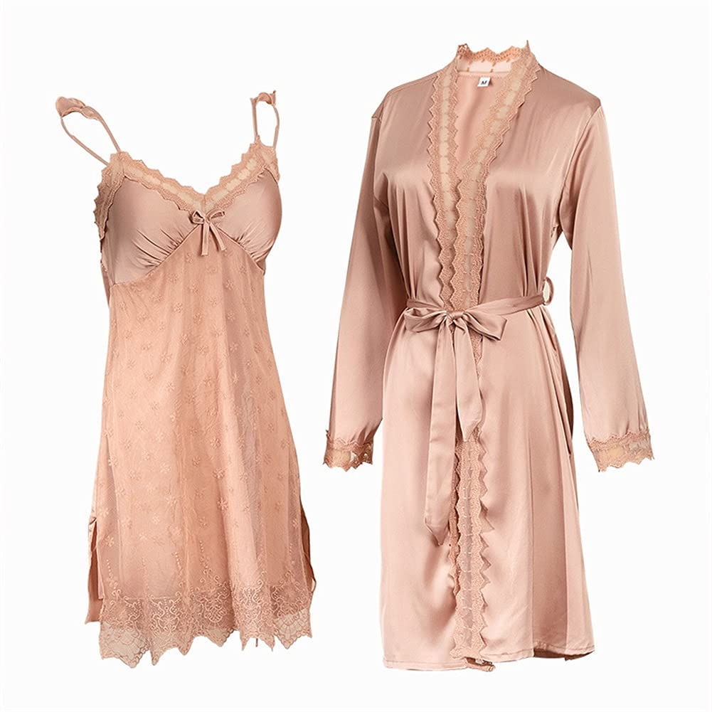 XWWDP Women's Lace Kimono Robe & Nightgown Set - Satin Bridal Sleepwear, V-Neck Lingerie for Bride & Bridesmaids (Brown, Size L) - Perfect for Wedding Prep, Honeymoon & Relaxing at Home