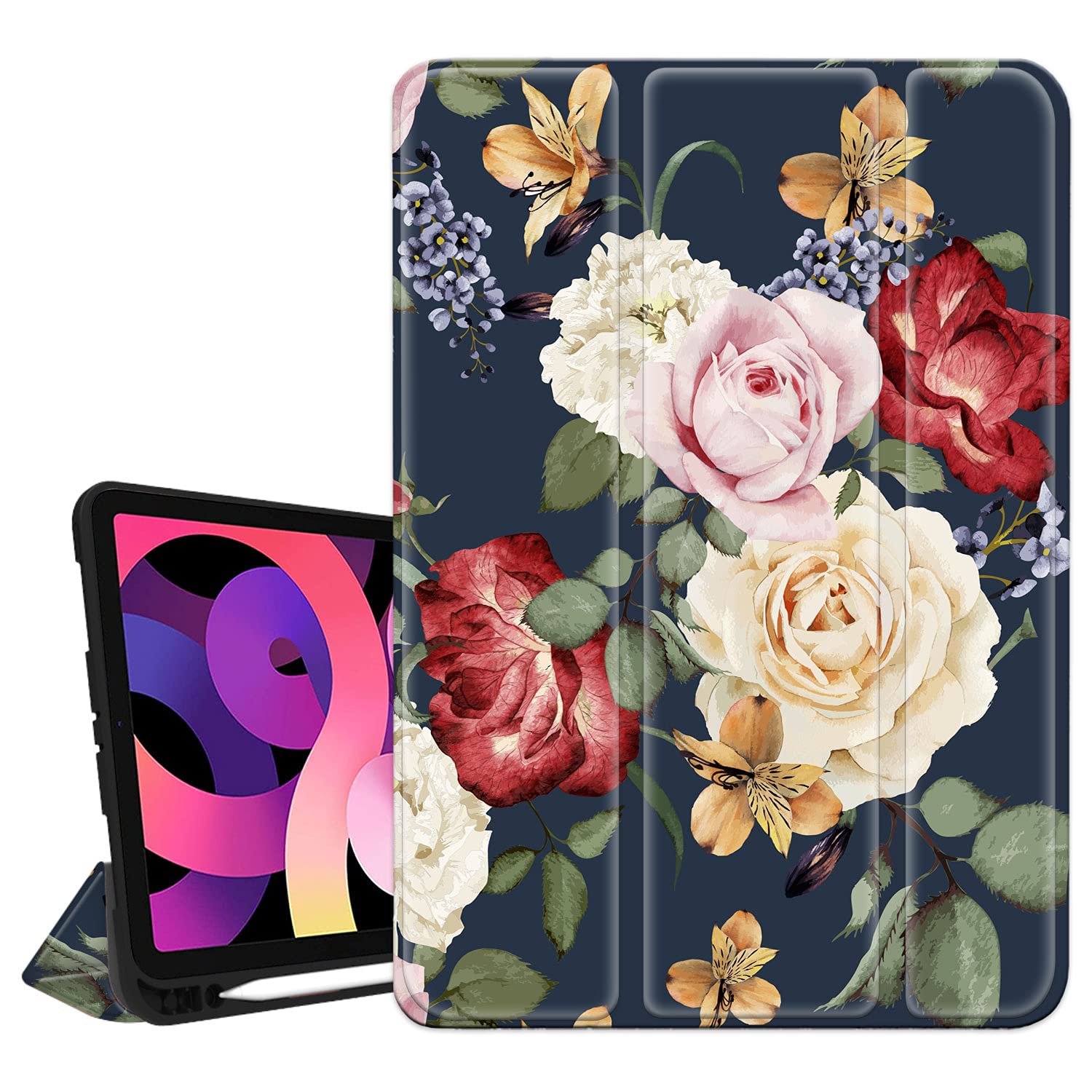 Hepix iPad Air 5th/4th Generation Case with Pencil Holder for iPad 10.9 inch (2020/2022 Model) - Rose Flower Peony Floral Design Slim Trifold Stand Cover | Shockproof Protective Case with Auto Sleep/Wake | Perfect for Work, Travel & Home Use