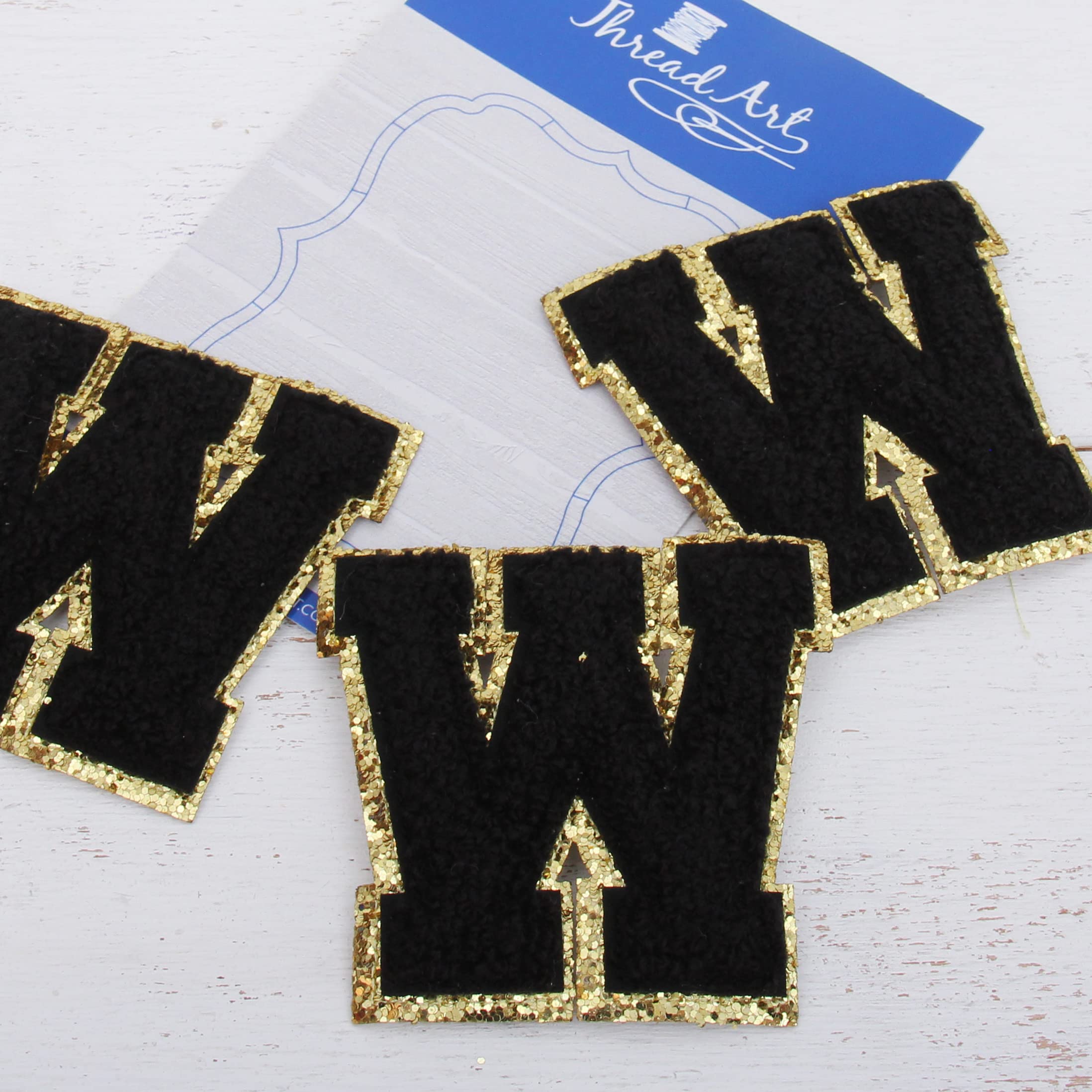 3 Pack Black Chenille Iron On Glitter Varsity Letter Patches - 8cm Tall 