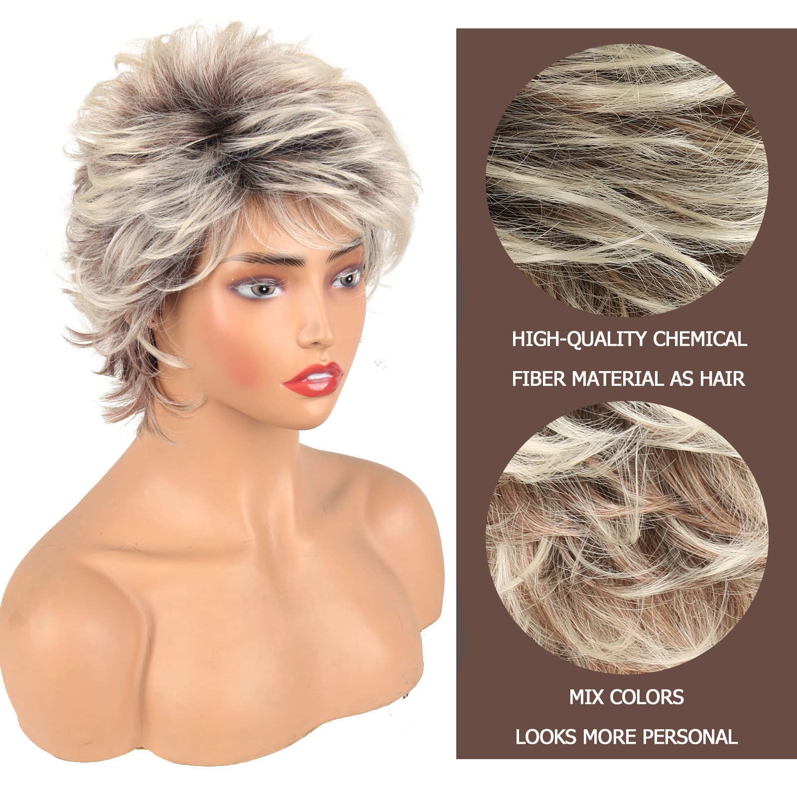 LEOSA Short Blonde Pixie Cut Wig with Bangs - Synthetic Wavy Curly Heat Resistant Hairpiece for Women | Natural Fluffy Layered Brown Ombre Style | Perfect for Cosplay, Costume Parties & Daily Wear