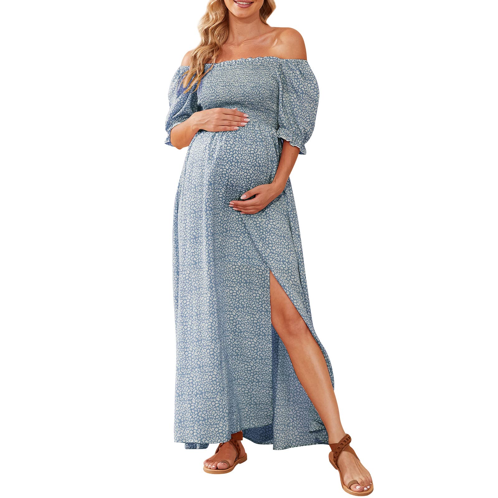 Floral Maternity Dress for Photoshoot & Baby Shower | Square Neck Puff Sleeve Summer Boho Smocked Pregnancy Dress | Perfect for Maternity Photos, Baby Showers & Summer Weddings