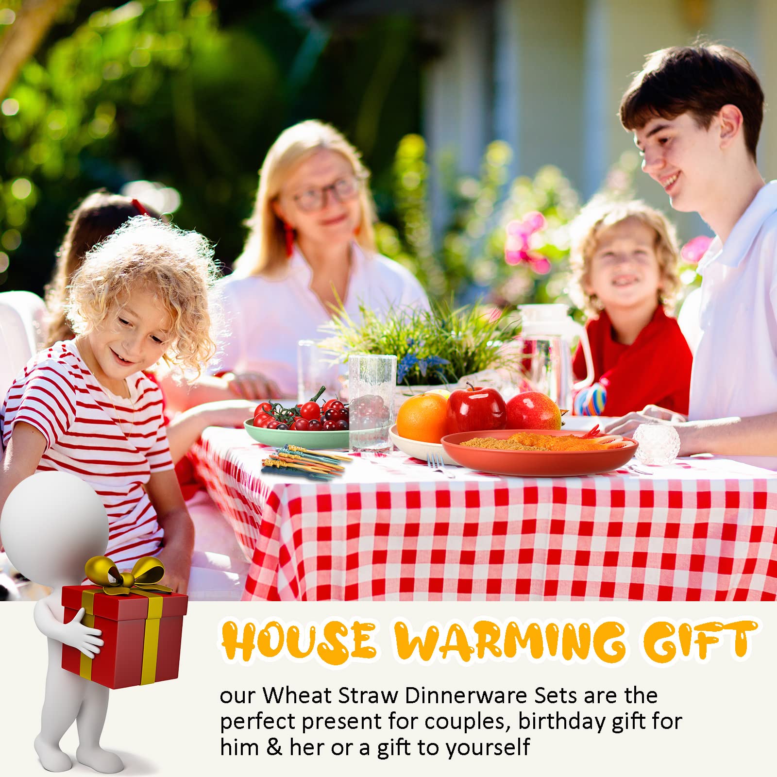 56-Piece Wheat Straw Dinnerware Set - Unbreakable Plastic Plates & Bowls for Kids, Travel, Picnic, Camping | Colorful, Dishwasher & Microwave Safe, Lightweight Reusable Tableware | Perfect for Outdoor Adventures, Family Gatherings & Daily Meals