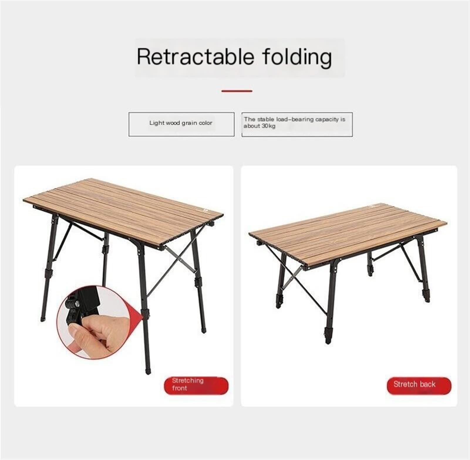 Portable Folding Picnic Table - Lightweight Roll Up Camping Table with Retractable Wood Grain Aluminum Alloy Frame - Perfect for Outdoor Travel, Beach, Backyard & Tailgating Parties