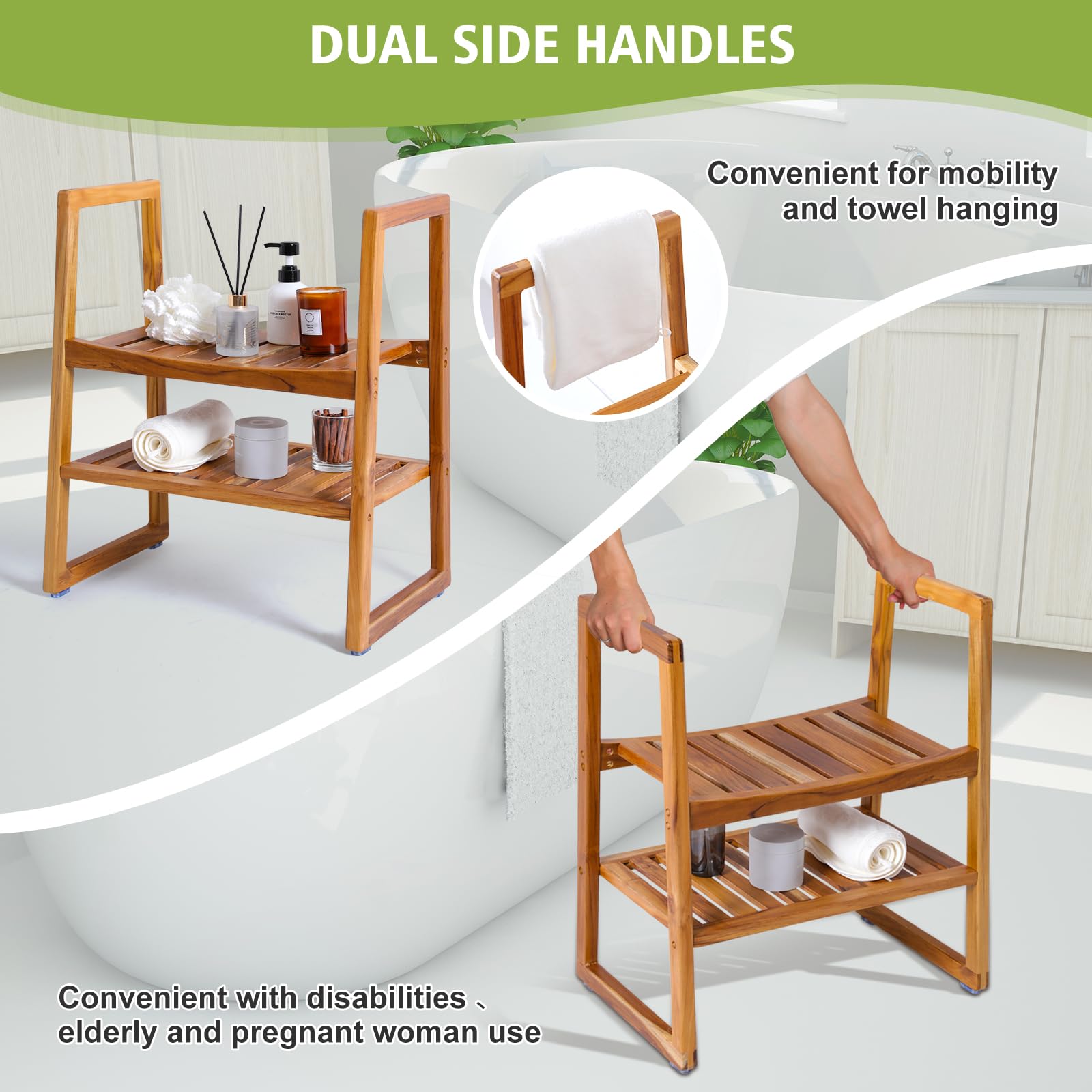 Premium Teak Shower Bench with Arms & 2-Tier Storage Shelf - 21
