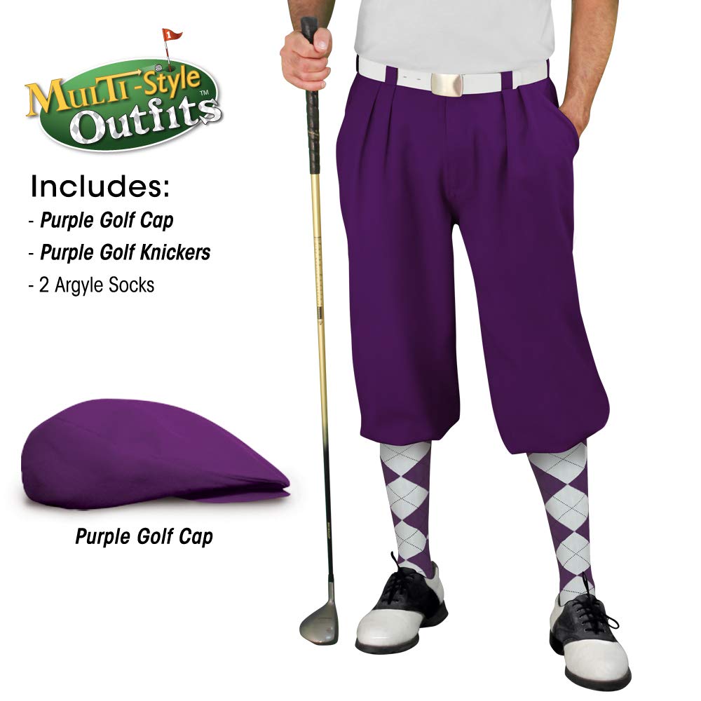 Men's Stylish Purple Golf Outfit Set - Matching Knickers, Cap & 2 Over-The-Calf Socks for Comfortable Golfing & Casual Wear