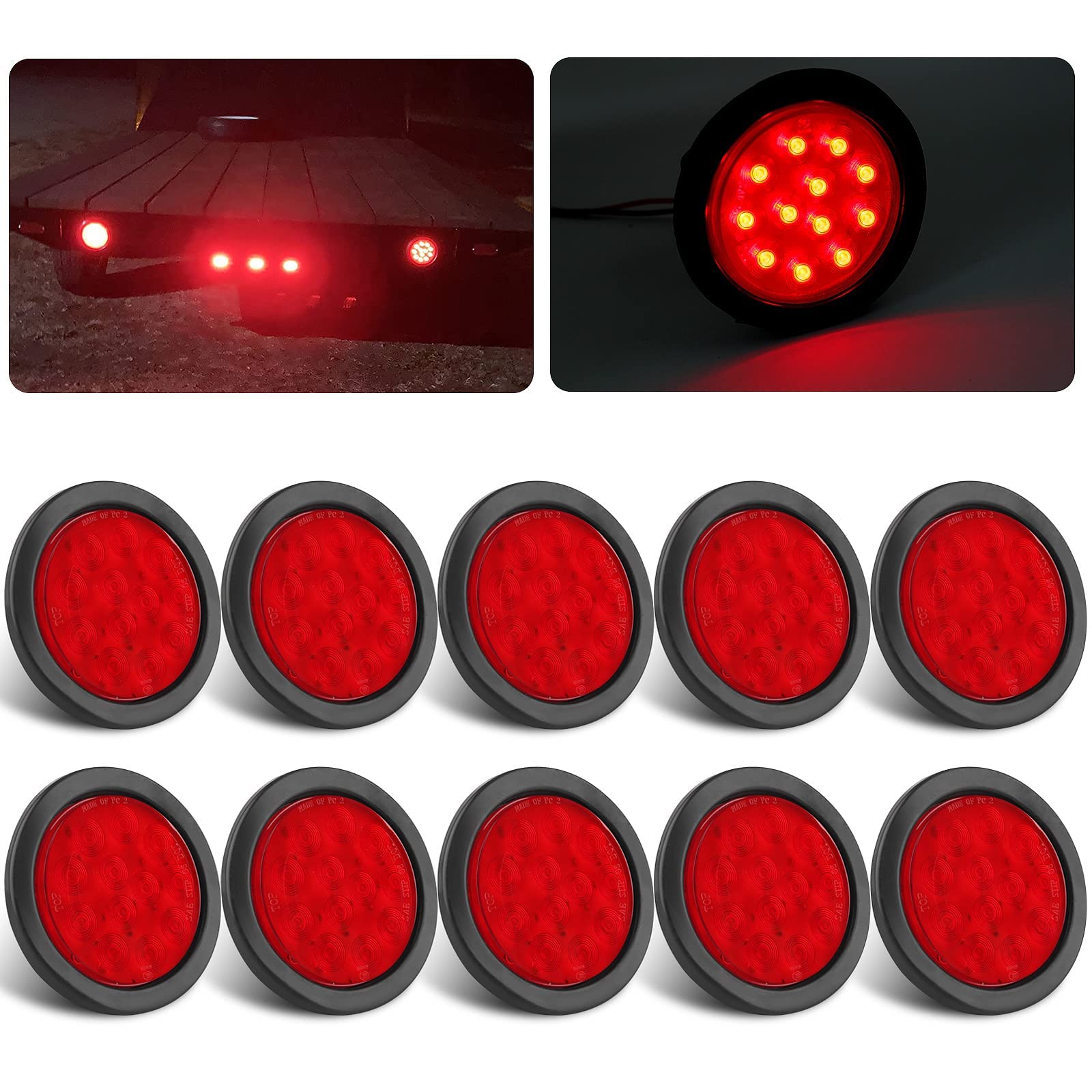 10Pcs 4 Inch Round LED Trailer Tail Lights - Red 12 LED Waterproof Brake Turn Signal Lights for Trucks, RVs & Trailers - Flush Mount with 3-Prong Wire Pigtails - Durable & Weatherproof for Heavy-Duty Use