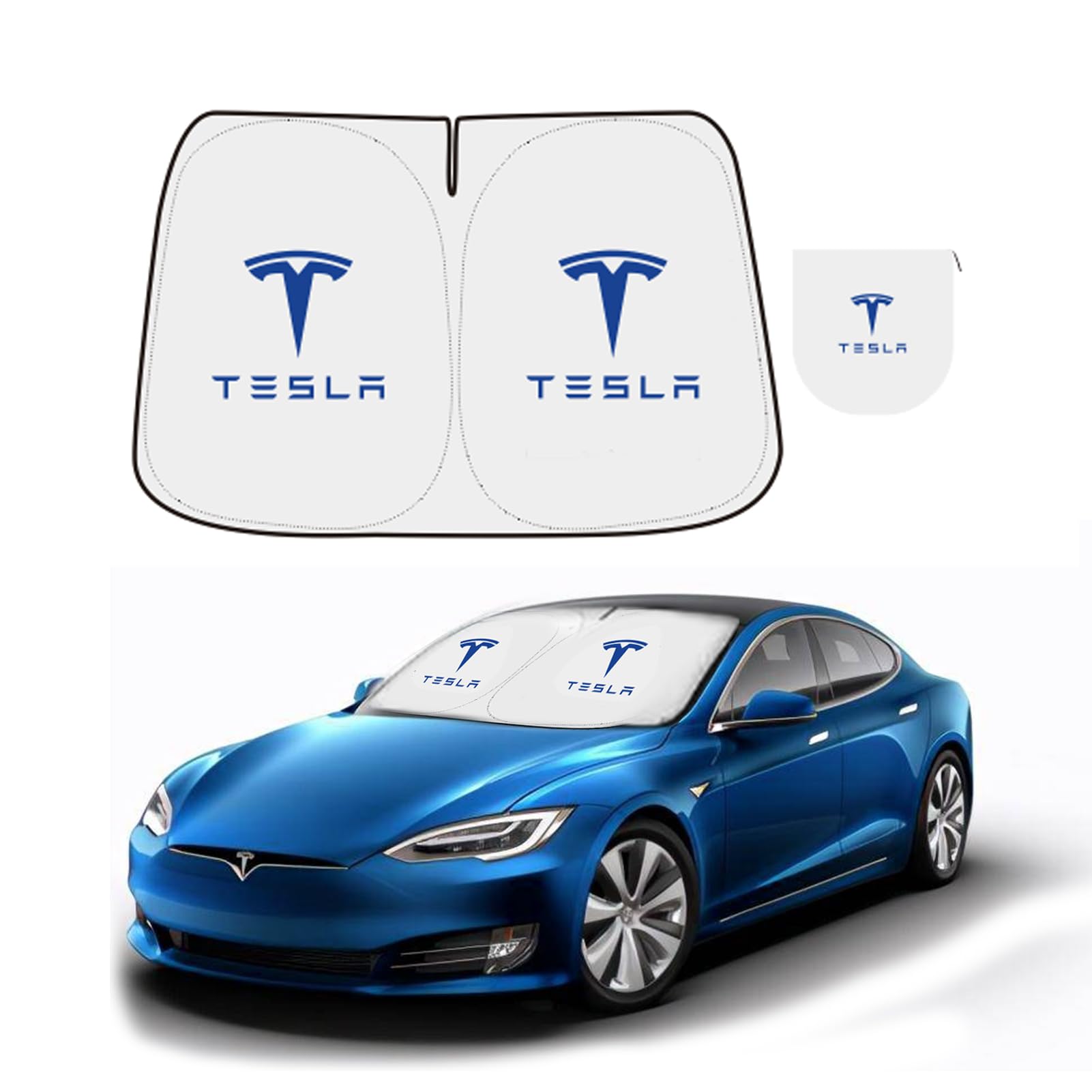Premium 300T Sunshade for Tesla Model Y & Model 3 | UV Protection Front Window Sunshade with Storage Bag | Perfect Tesla Accessories & Gifts for Owners (Blue) | Ideal for Summer Driving & Car Protection