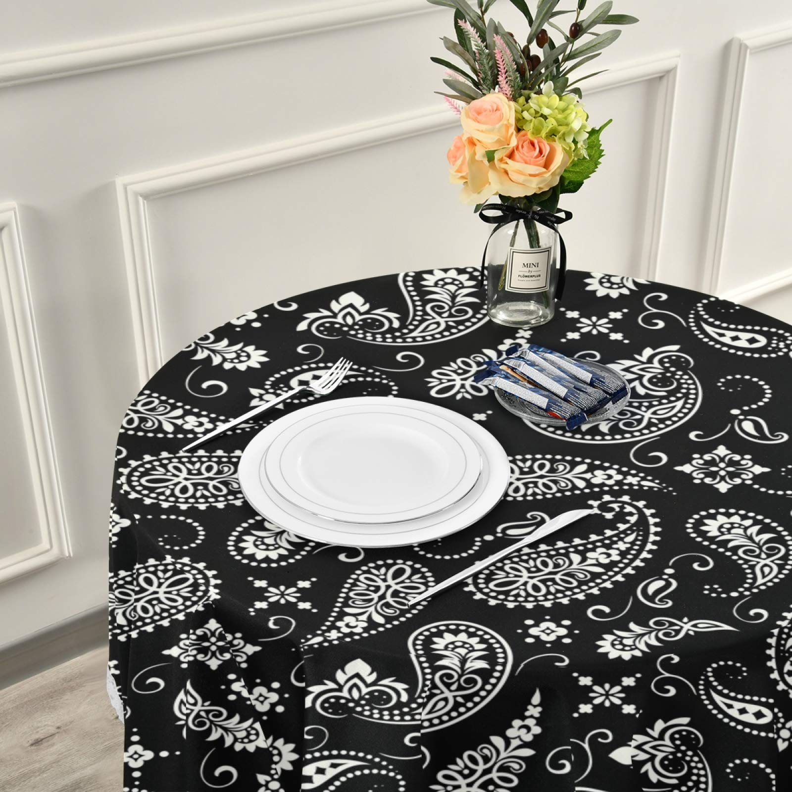 ALAZA 60x60 Inch Paisley Bandana Print Elastic Tablecloth - Wrinkle Resistant Round Table Cover for Dining, Kitchen, Parties & Outdoor Picnics