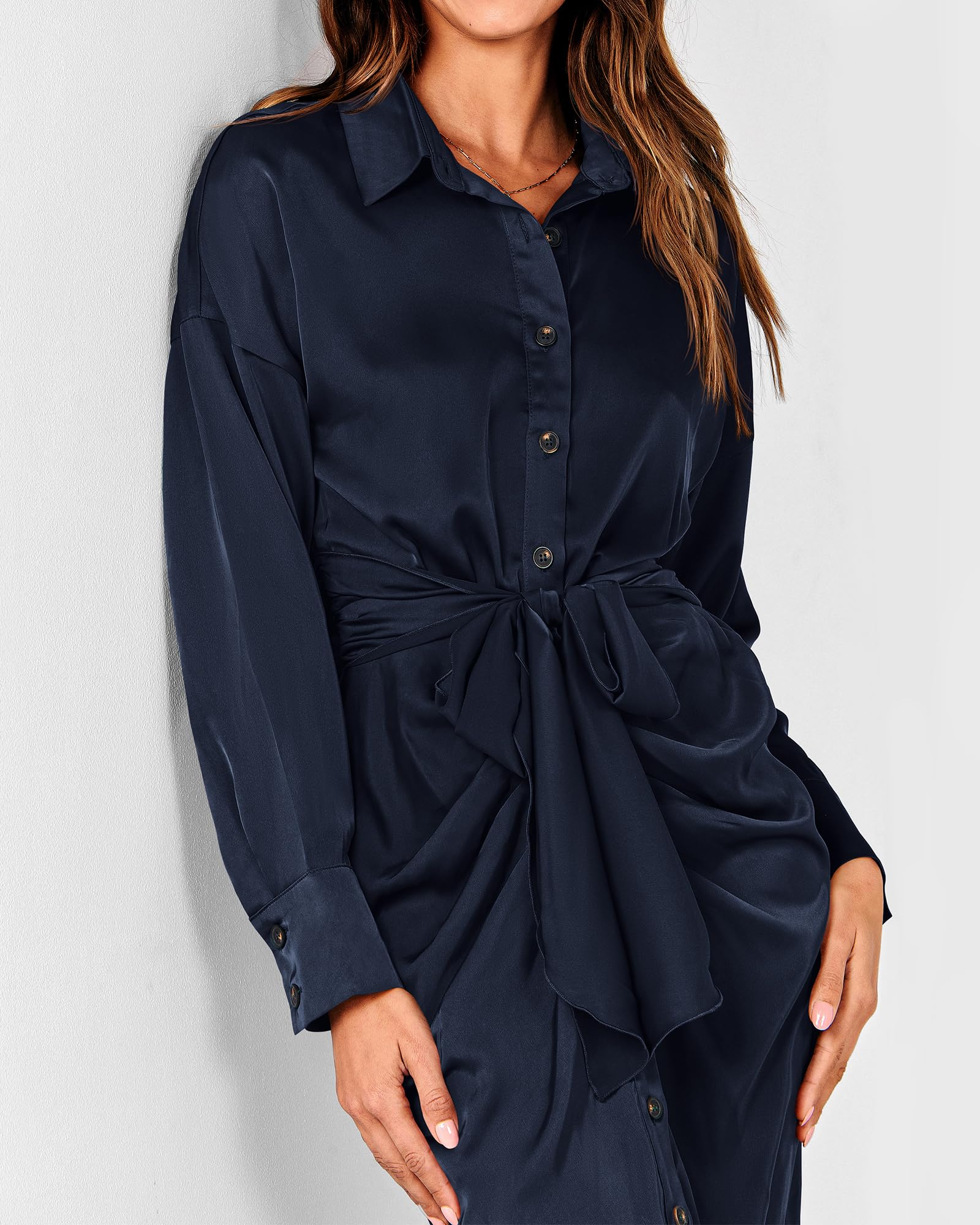 BTFBM Women's Elegant Long Sleeve Satin Dress - V Neck Button Down Lapel Maxi Shirt Dress with Belt & Ruched Detail for Spring Summer 2025 | Perfect for Weddings, Parties & Office Wear