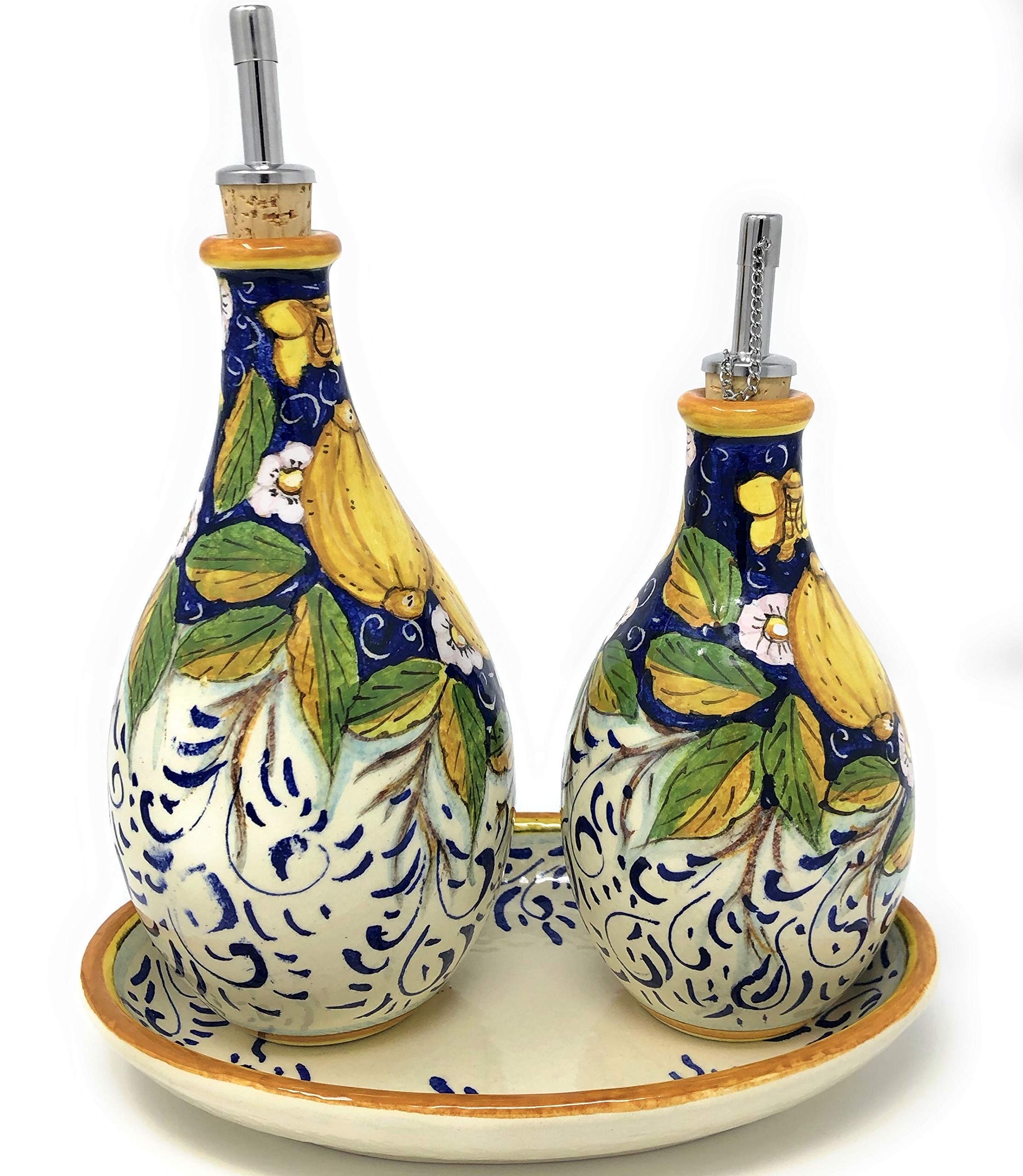 Italian Hand-Painted Ceramic Oil & Vinegar Cruet Set - Tuscan Lemon Decor, Artisanal Pottery from Italy | Perfect for Kitchen, Dining Table & Gift Giving