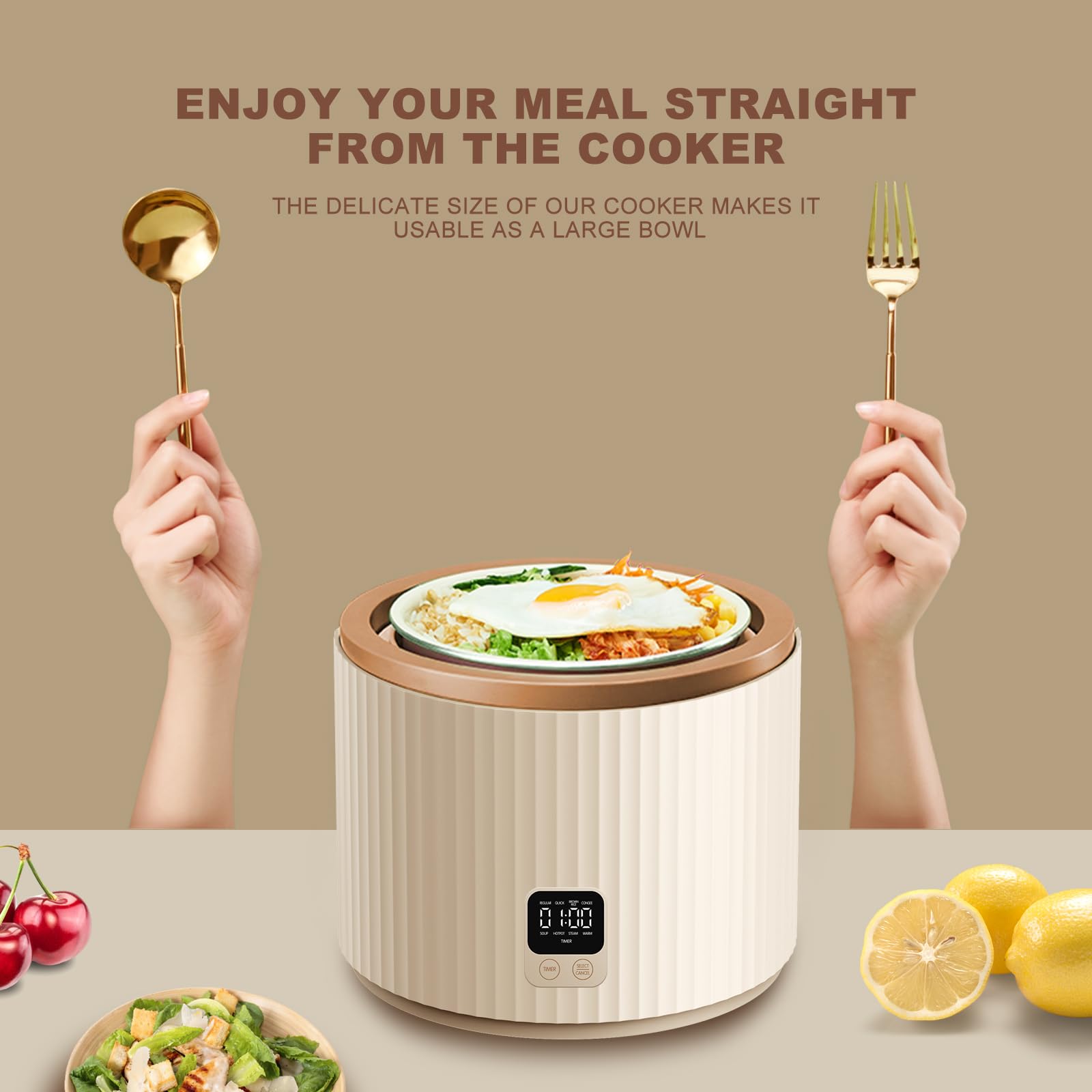 TOKIT Cuociriso PRO 1.5L Mini Rice Cooker - Electric Ceramic Non-Stick Inner Pot with Touch Display, Perfect for 1-3 People - Ideal Gift for Women, Men, Couples & Students (Beige) - Great for Dorms, Small Kitchens & Quick Meals