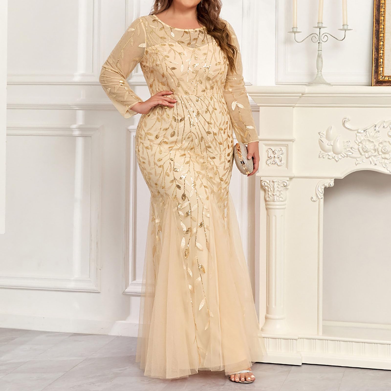 Plus Size Formal Dresses for Women - Elegant Long Sleeve Sequin Tulle Ball Gown with Sparkly Applique, Crewneck Bodycon Maxi Dress for Prom, Wedding & Special Occasions