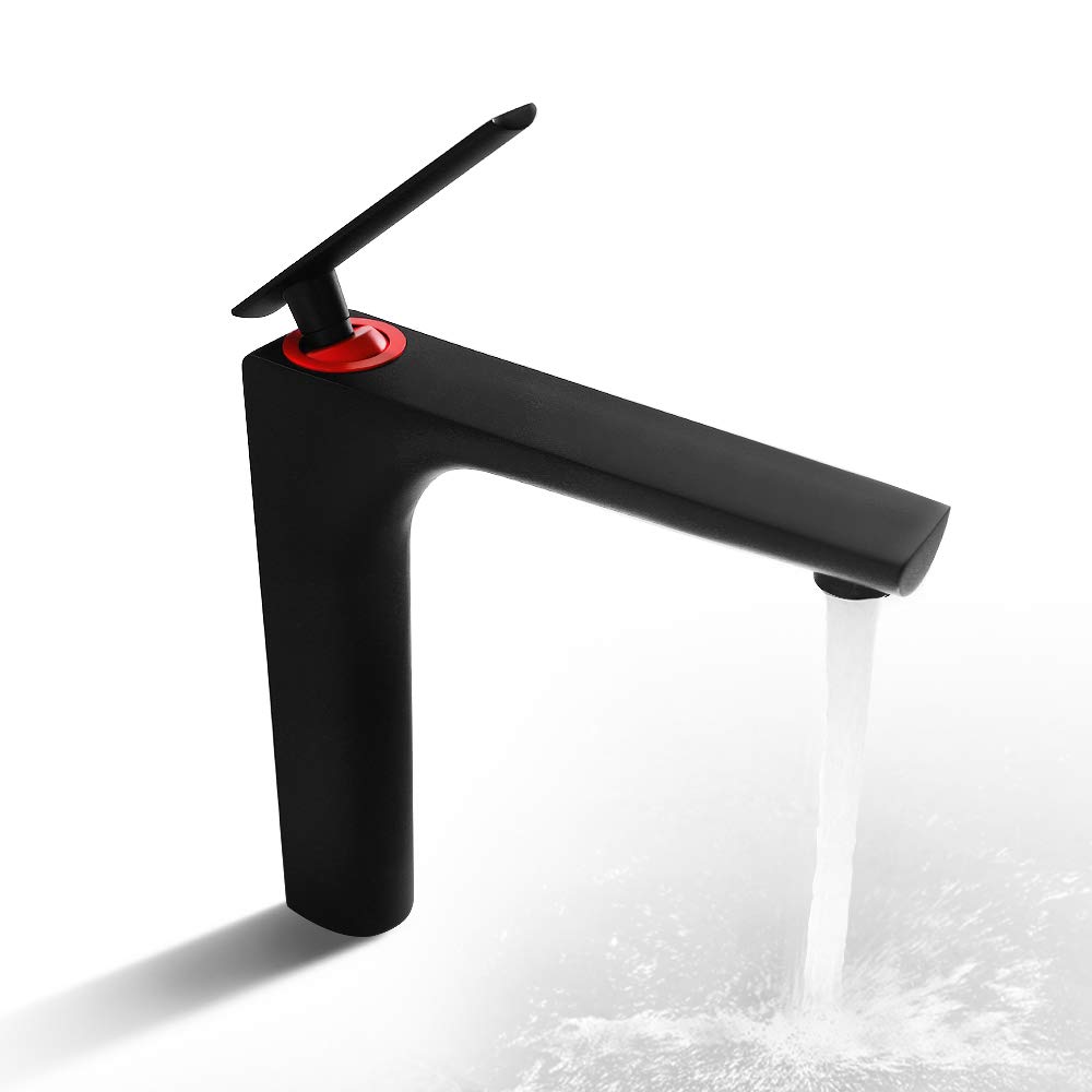 Single Hole Bathroom Faucet - 11.2 Inch Tall Matte Black & Red Copper Vessel Sink Mixer Tap for Vanity & Basin - Perfect for Modern & Farmhouse Bathroom Decor