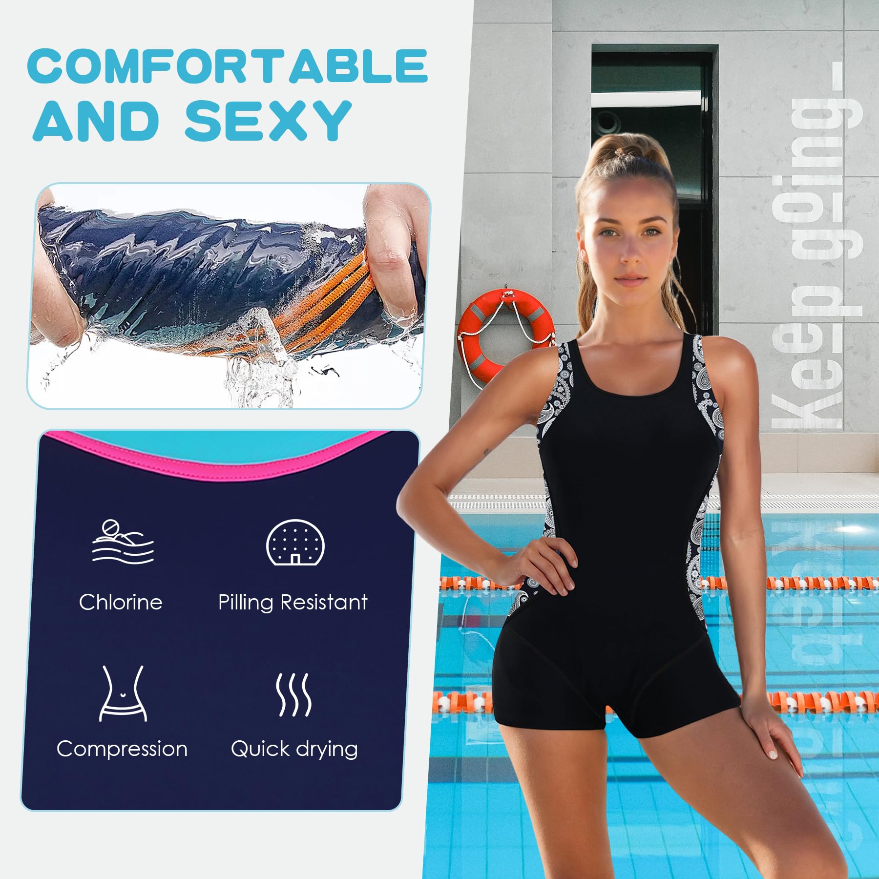 **Zando Women's One Piece Swimsuit - Tummy Control Boyleg Bathing Suit, Sporty Boyshort Swimwear for Beach, Pool & Water Sports**