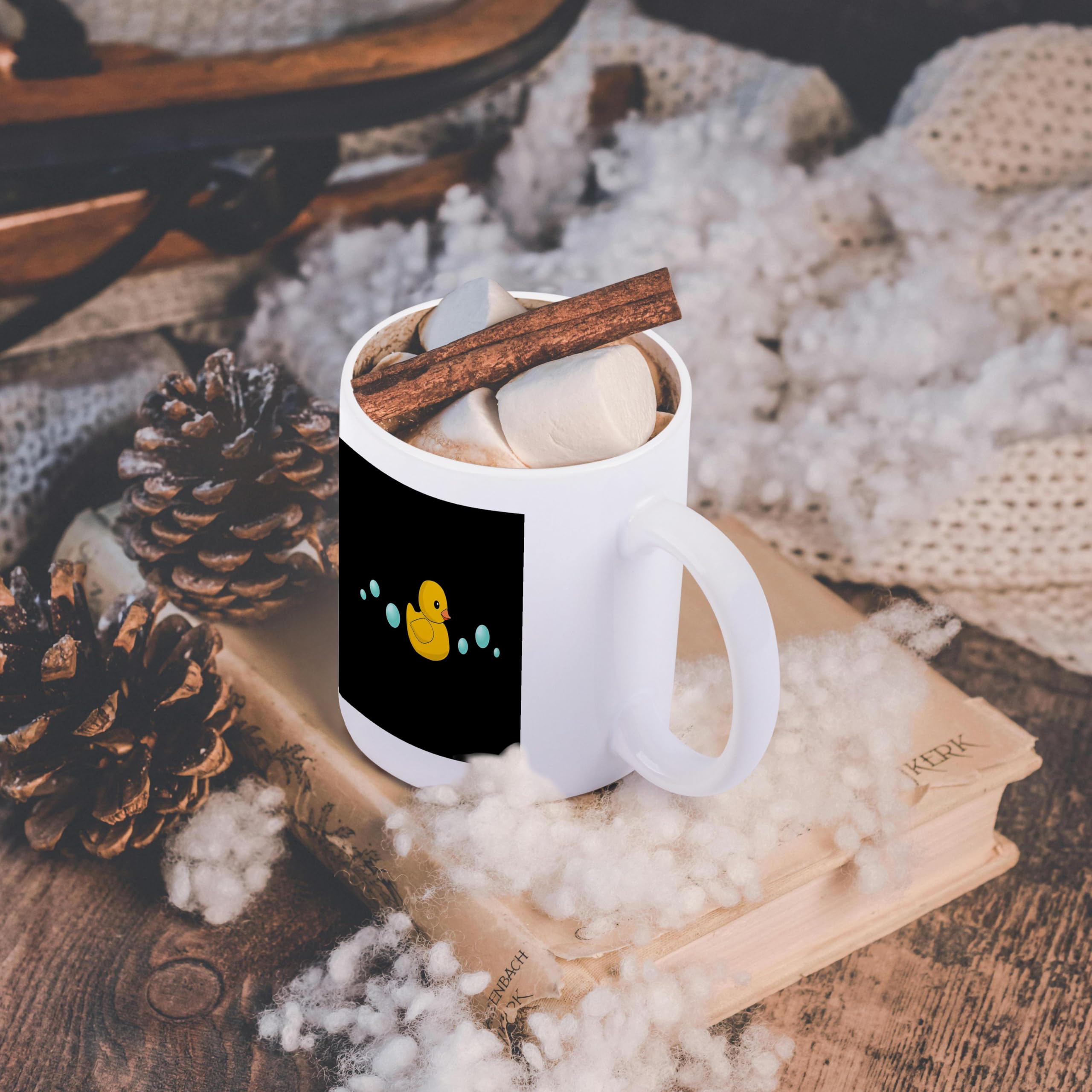 3D Printed 11oz Coffee Mug - Cute Yellow Rubber Duckie Cartoon with Soap Bubbles - Kawaii Ducky on Black - Adorable Sweet Duck Design - Funny Animal Gift for Coffee Lovers - Perfect for Office Use, Home Decor & Gift Giving