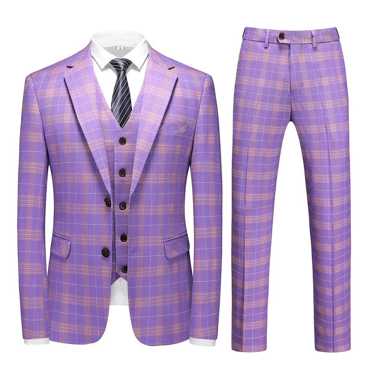 YFFUSHI Men's Slim Fit Plaid Tweed 3-Piece Suit | Formal Dinner Suit Tuxedo for Weddings, Prom & Business Events