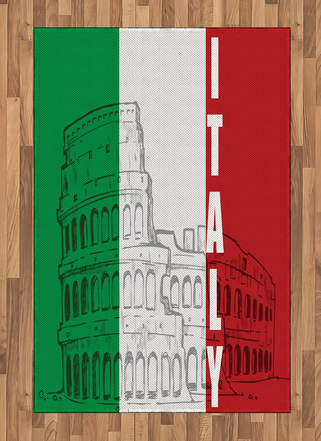 Lunarable Italian Flag Area Rug with Colosseum Heritage Cityscape Design - Flat Woven Accent Rug for Living Room, Bedroom, Dining Room - 4' x 5'7