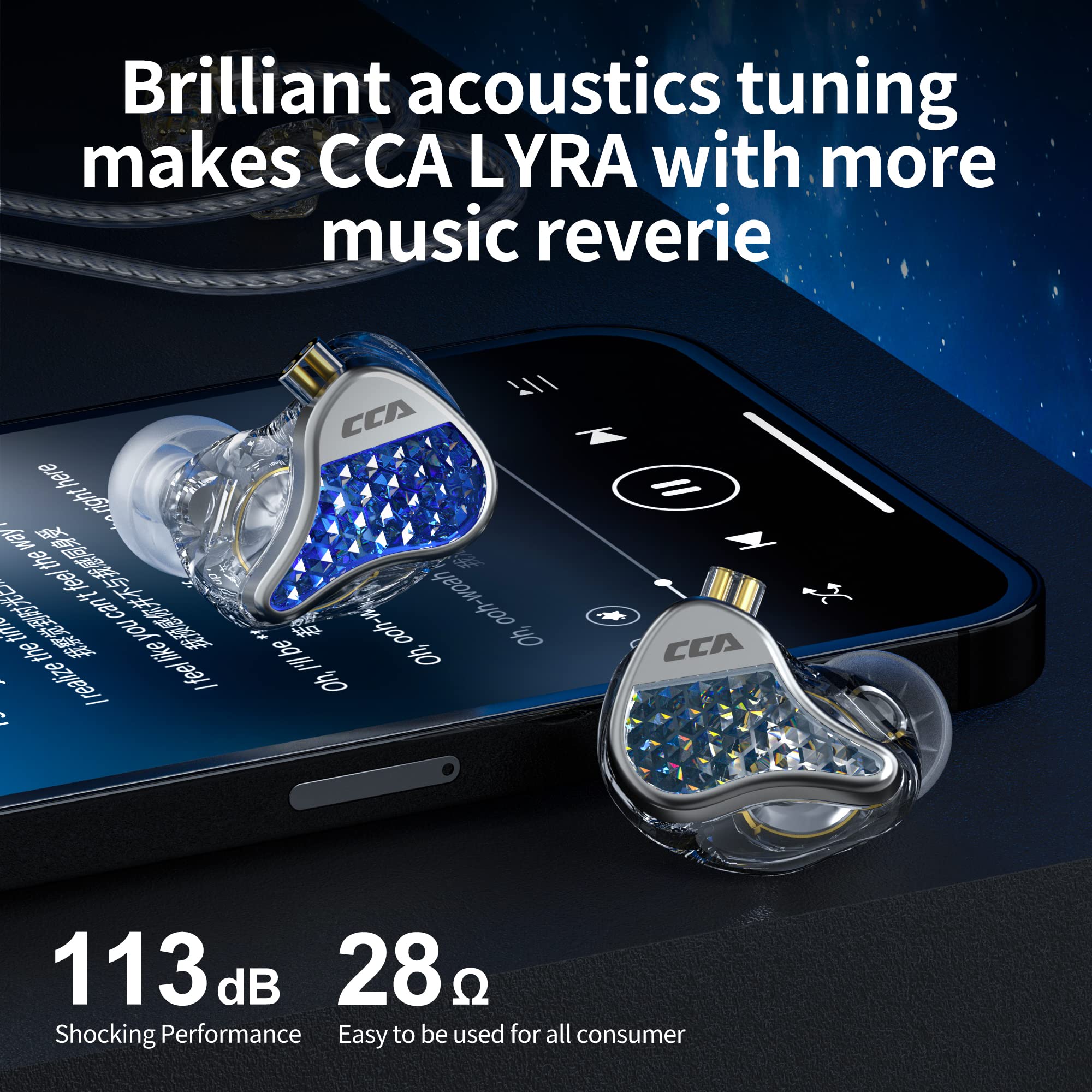CCA LYRA Extra Bass HiFi In-Ear Headphones - Detachable Wired Earbuds for Audiophiles, Gaming & Music - Noise Isolating Earphones Without Mic (Blue) - Perfect for Studio Monitoring, Travel & Workouts