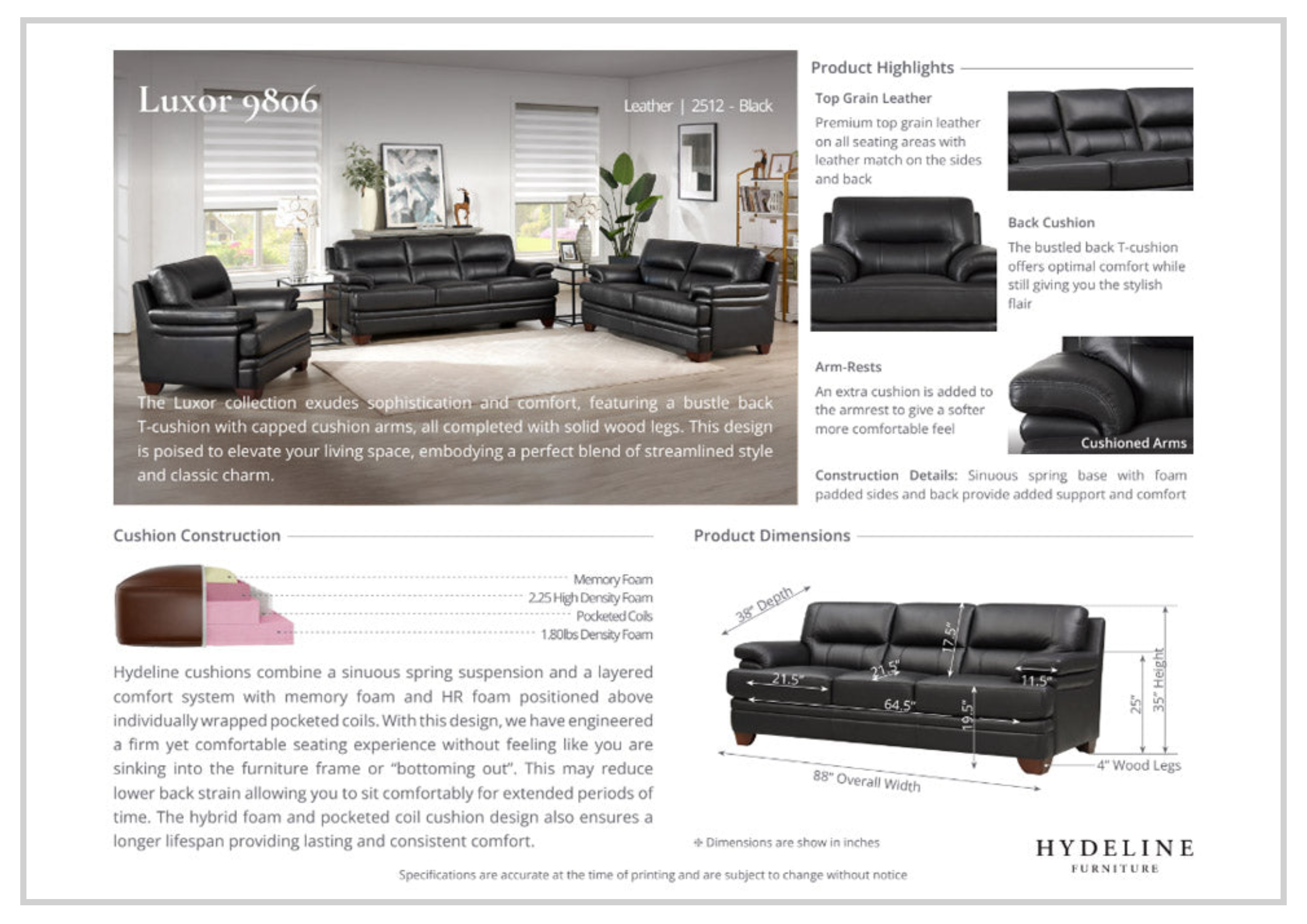 Premium Leather Loveseat Sofa with Cushion Arms - Hydeline Luxor Stationary Sofa for Living Room, Lounge & Office Comfort