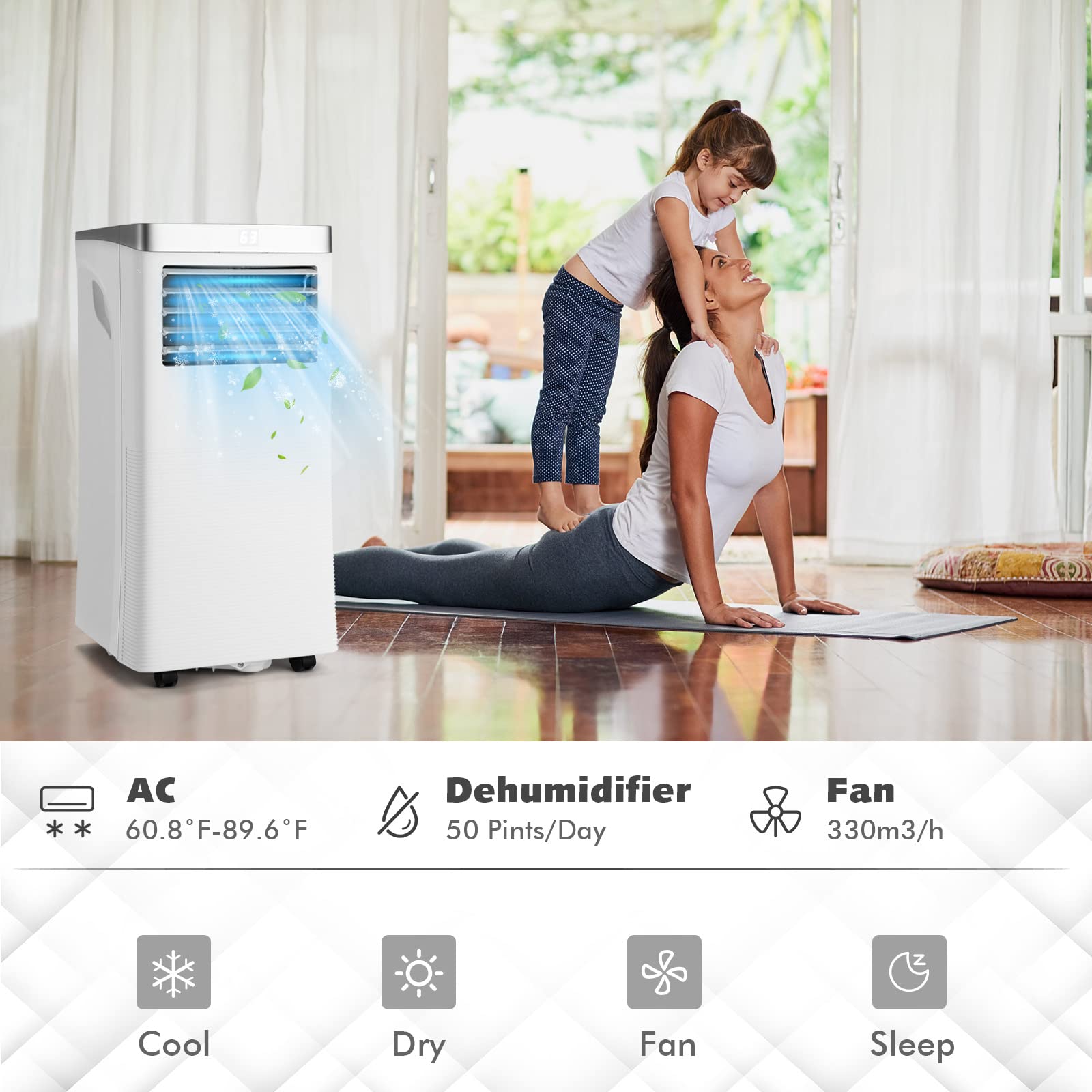GOFLAME 10000BTU Portable Air Conditioner - 3-in-1 Cooling Fan, Dehumidifier & Air Cooler with Remote Control, Sleep Mode, 2 Speed Settings & 24H Timer - Includes Window Kit for Home, Office, Bedroom & Small Spaces (White) - Perfect for Summer Cooling, Hot Rooms & Energy Efficient Climate Control