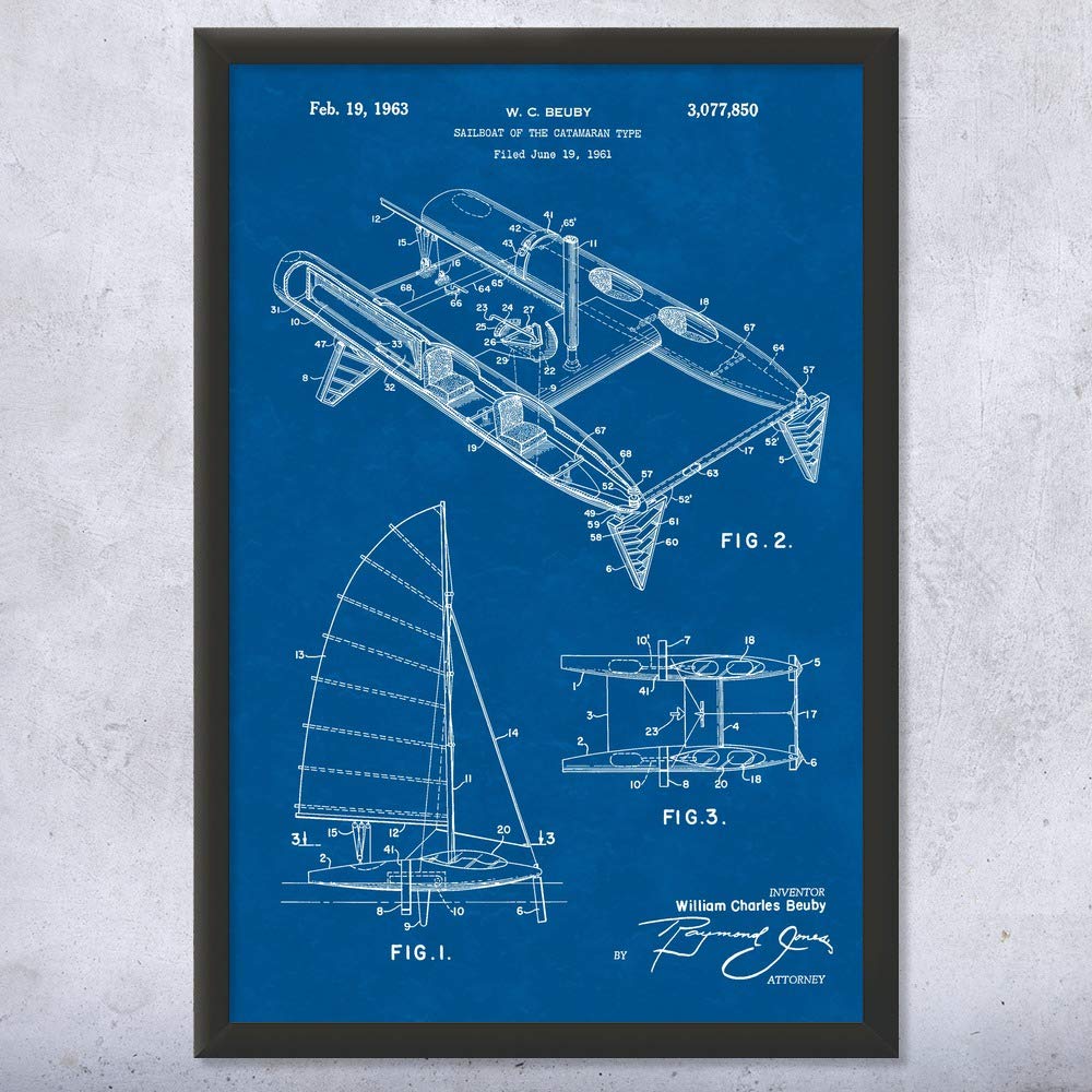 12x16 Framed Catamaran Sailboat Blueprint Print - Nautical Wall Art for Yacht Club, Boating & Sailing Enthusiasts | Perfect Gift for Sailors, Lake House Decor & Marine-Themed Spaces