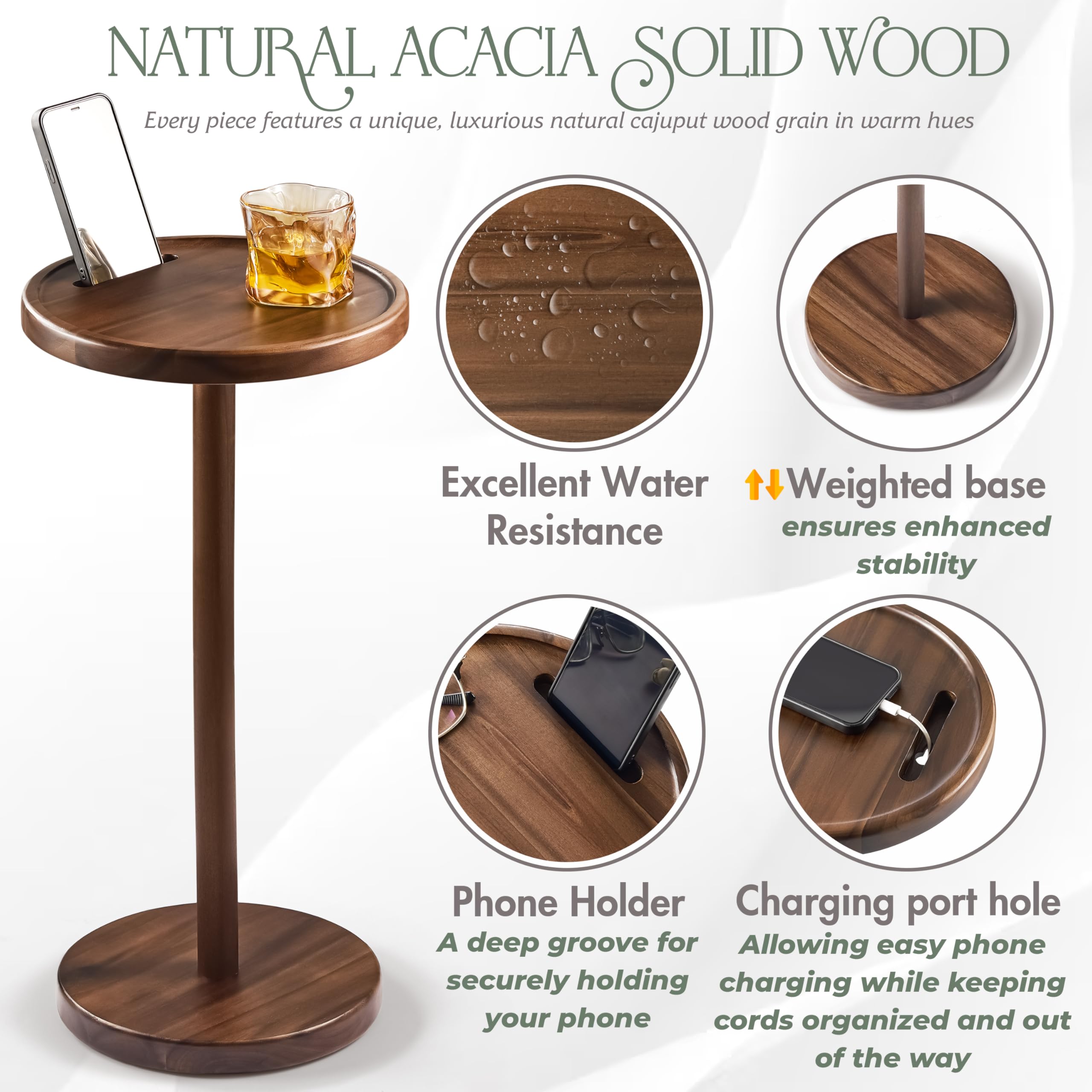 Modern Acacia Wood Pedestal Side Table - 10.6x24 Inches Small End Table with Weighted Base, Phone Slot & Charging Hole - Perfect for Cocktails, Coffee & Compact Living Spaces (Walnut Finish)