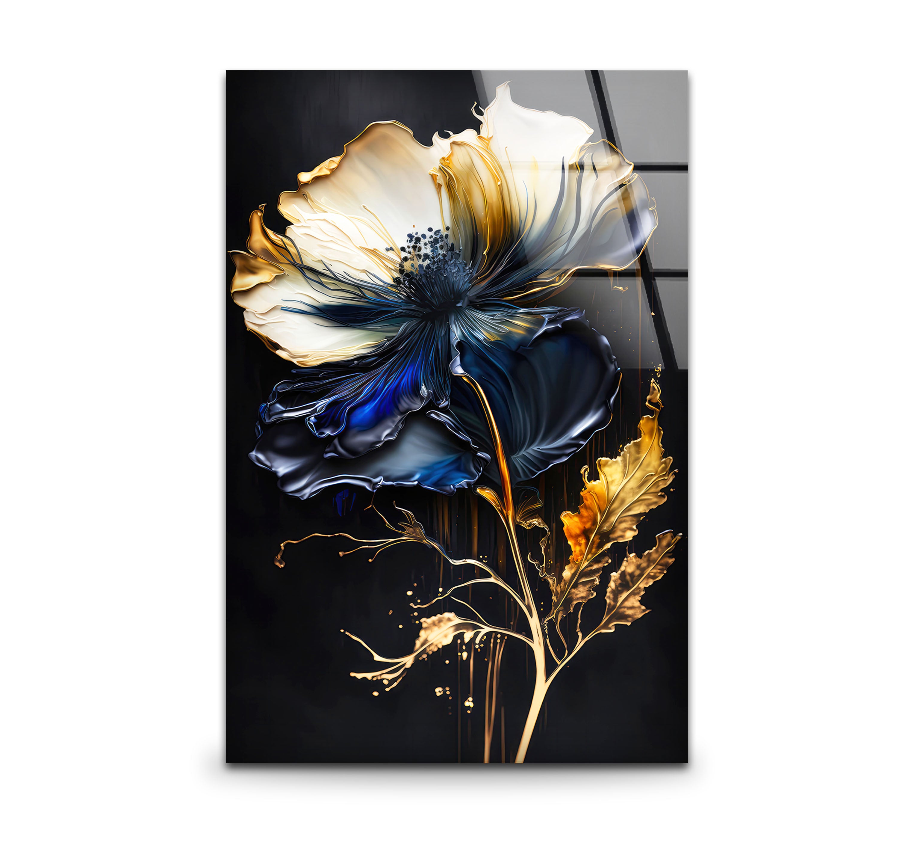 Blue and Gold Floral Wall Art - Elegant Dark Botanical Glass Print for Modern Luxury Home Decor | Perfect for Living Room, Bedroom & Office Wall Decor