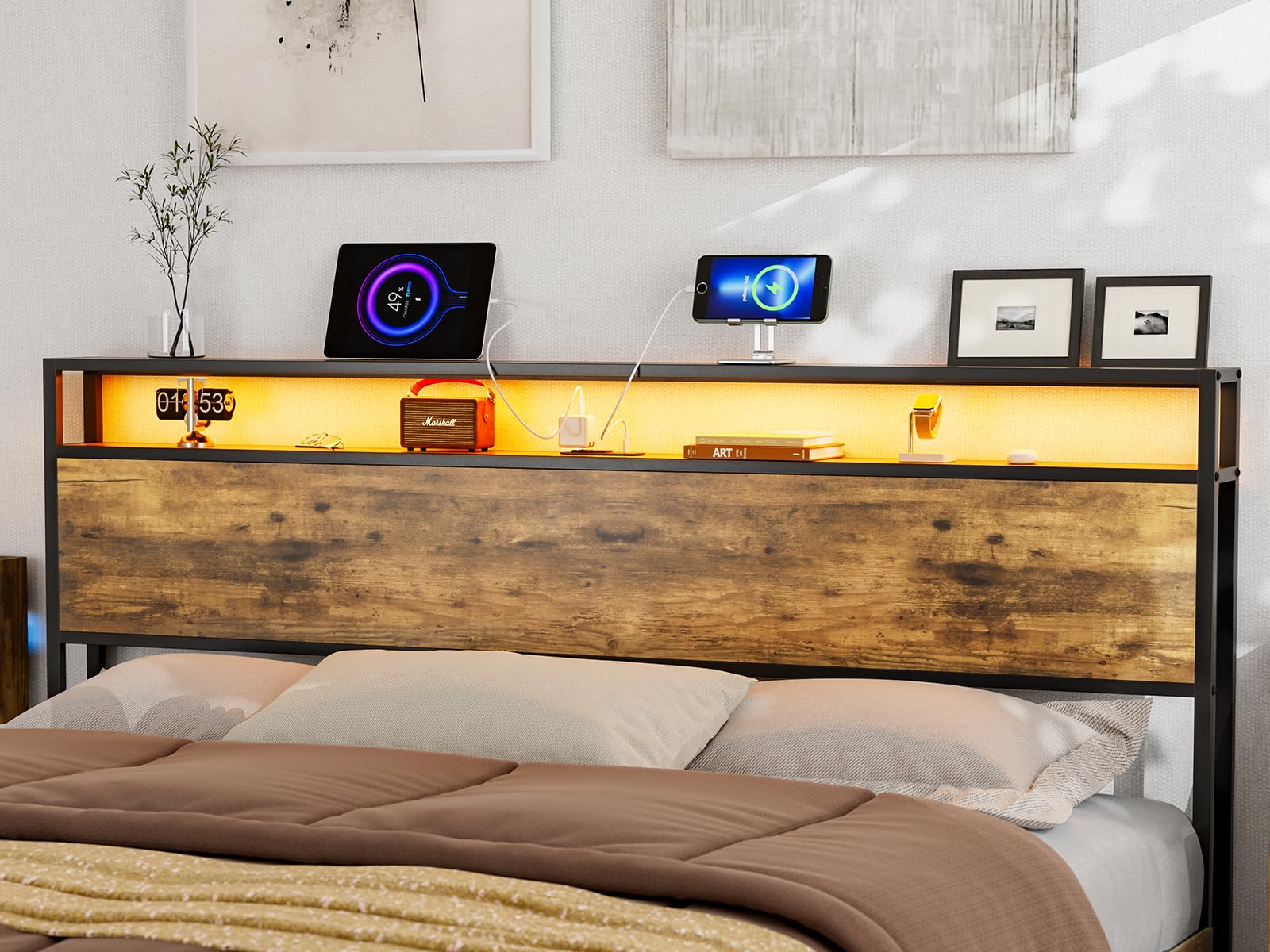 **IKIFLY California King Size Storage Headboard with LED Lights & USB Charging Station - Industrial Metal & Wood Design for Bedroom - Easy Assembly & Attaches to Bed Frame - Rustic Brown - Perfect for Modern & Rustic Bedroom Decor**