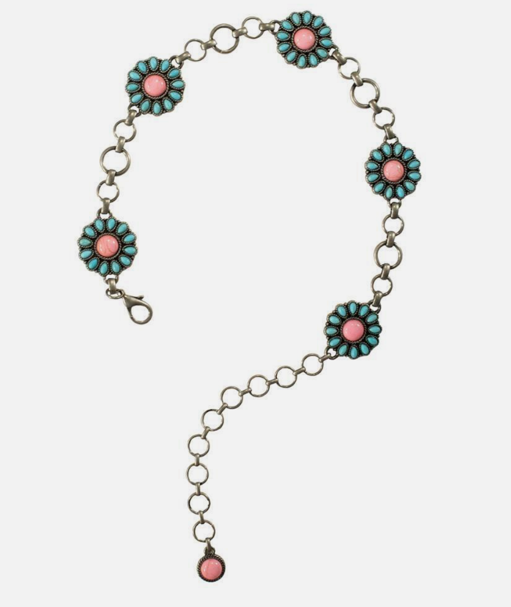 Nocona Floral Conchos Turquoise and Pink Kids Belt for Girls - Western Style Adjustable Waistband for Jeans, Dresses & Skirts - Perfect for Cowgirl Outfits, Rodeo & Birthday Parties
